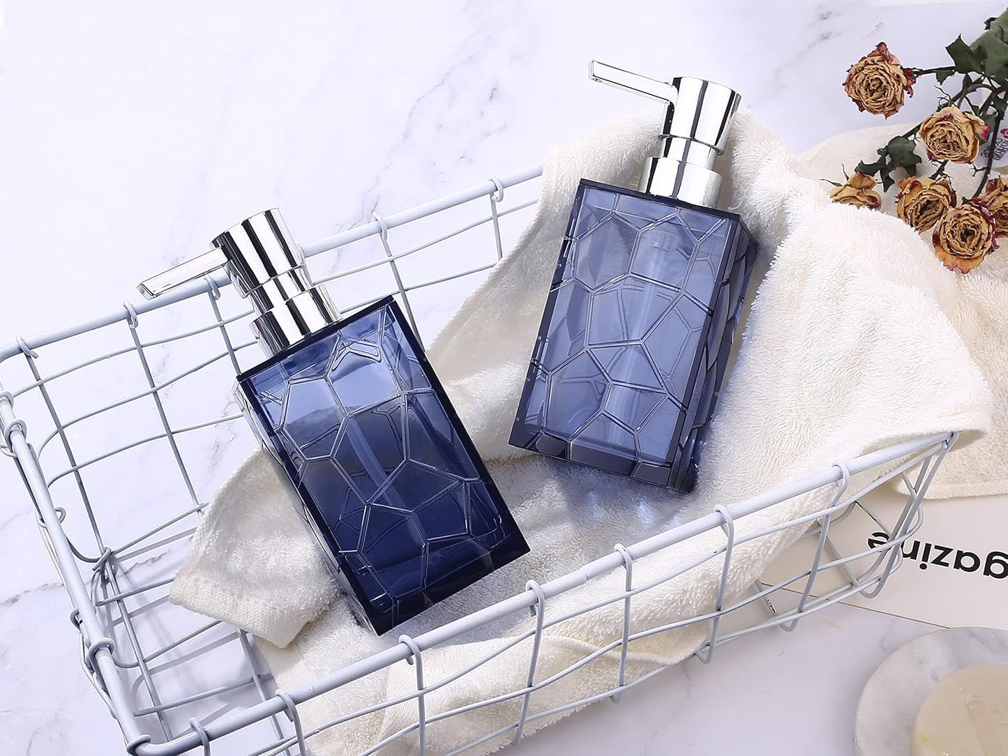 2 Pack Hand Soap Dispenser Set, Clear Acrylic Plastic Liquid Pump Bottles Refillable Lotion Dispenser for Bathroom Decor Kitchen College Dorm (Blue)