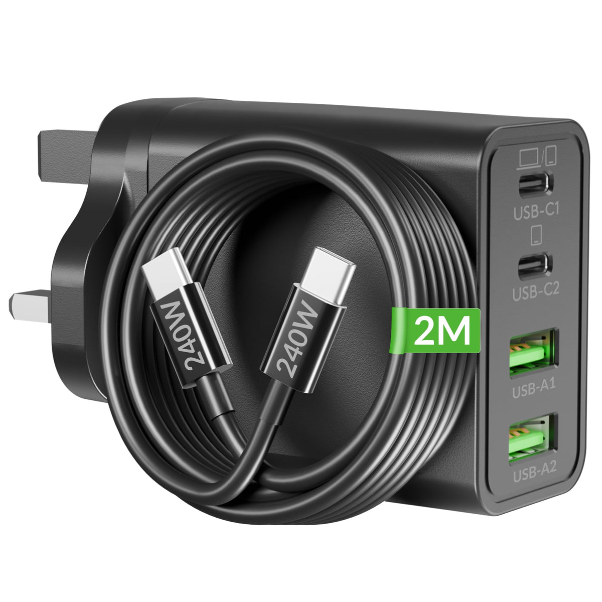 65W 4-Port USB C Charger, GaN PD/PPS Super Fast Charging Multi Wall Plug UK Laptop Charger + 240W 2M Type C Cable for MacBook Pro/Air, iPad, iPhone