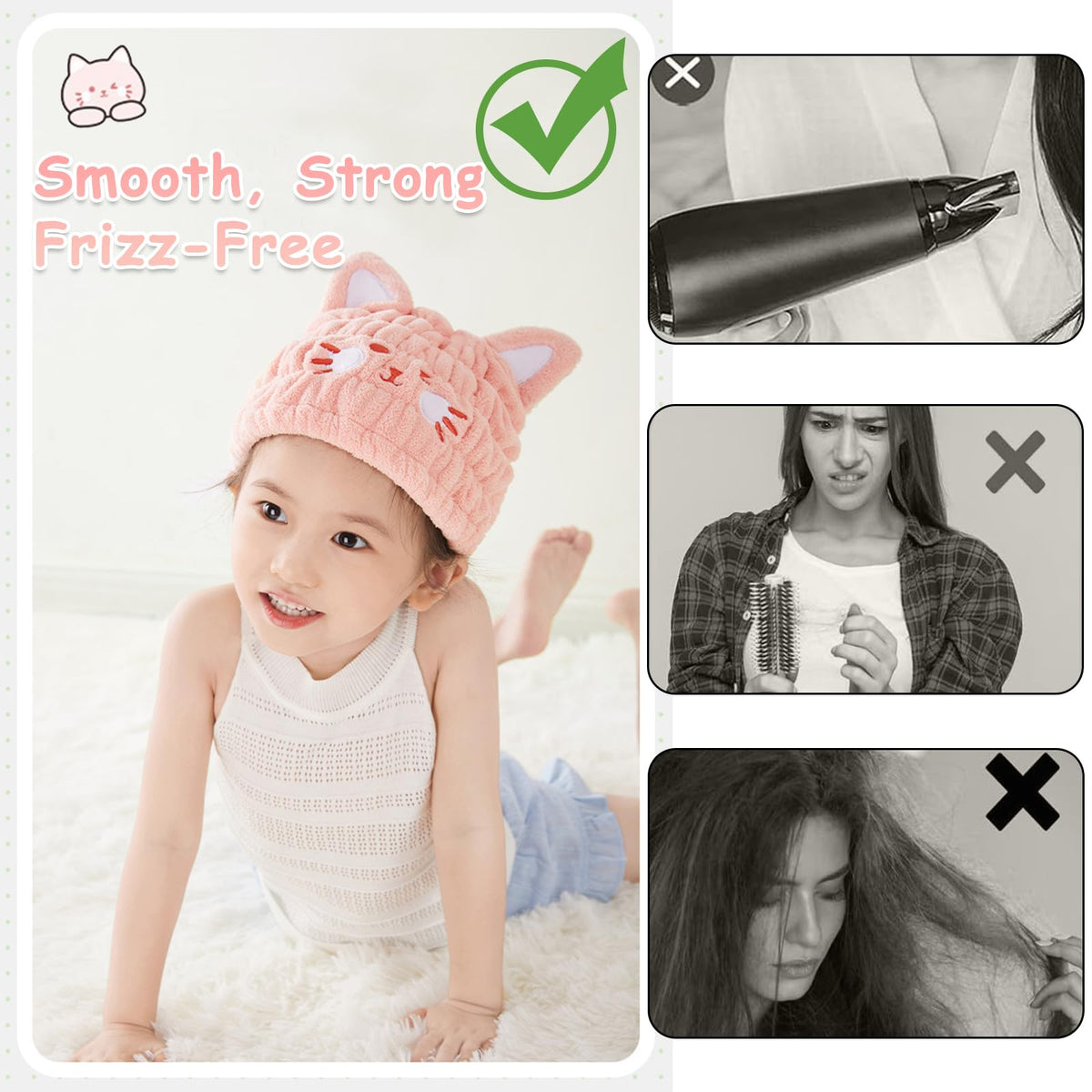 Kids Absorbent Hair Towel Wrap Soft Coral Fleece Hair Drying Wrap Towel Hat for Girls 2-9 Years Cute Cartoon Hairs Drying Turban Towels Quick Dry