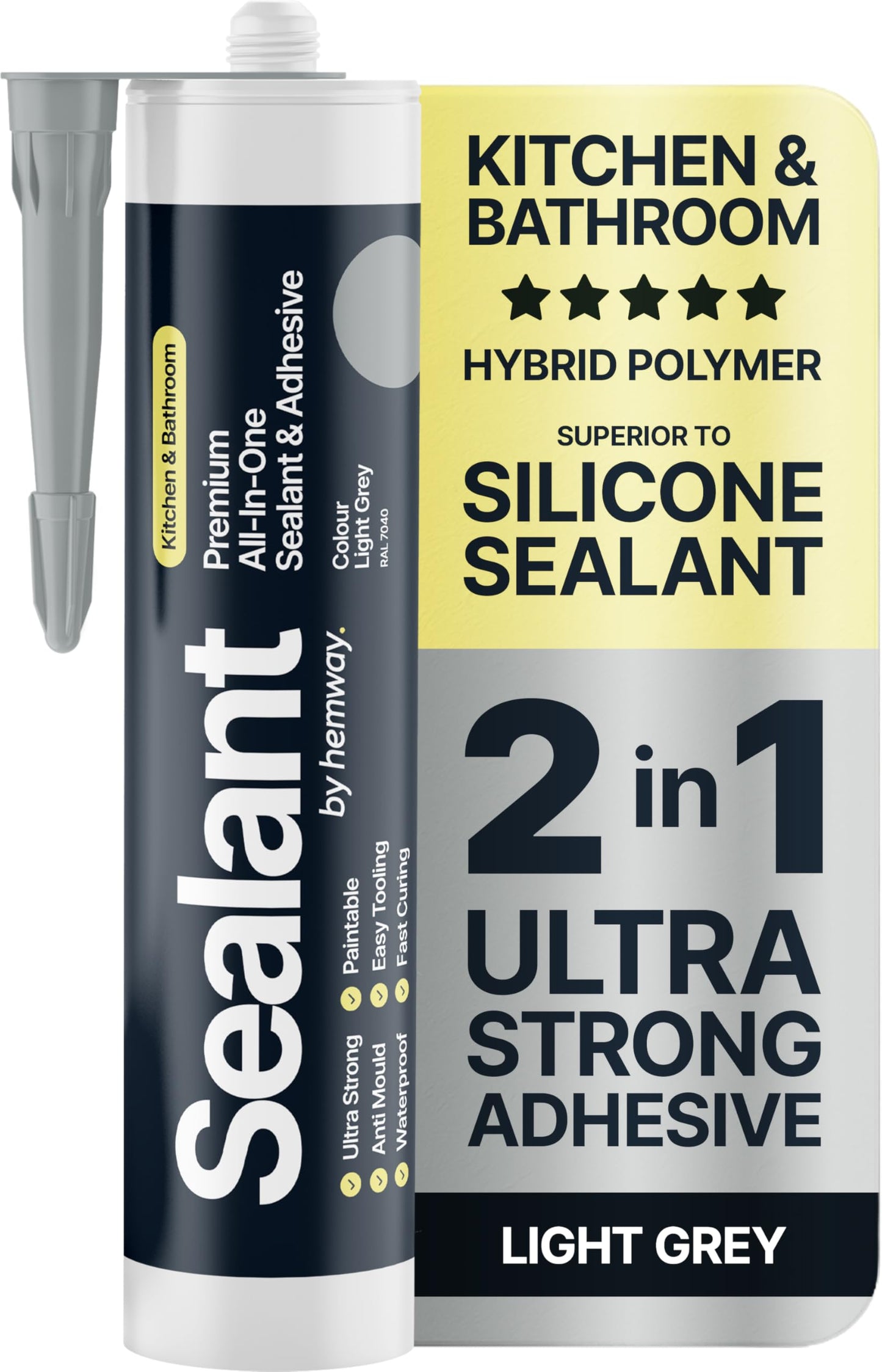 Light Grey Kitchen & Bathroom Sealant & Adhesive Hybrid Polymer | Superior to Bathroom Silicone Sealant | Waterproof, Odourless, Anti-Mould | Ideal