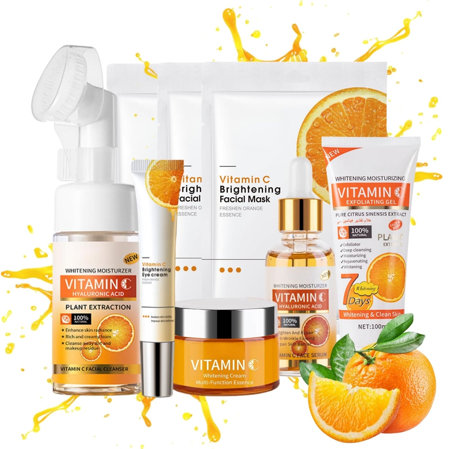8pcs Vitamin C Skin Care Set - Vitamin C Serum for Face - Brightening Skin Care Sets & Kits with Cleanser, Face Mask, Serum, Eye Cream & Exfoliating