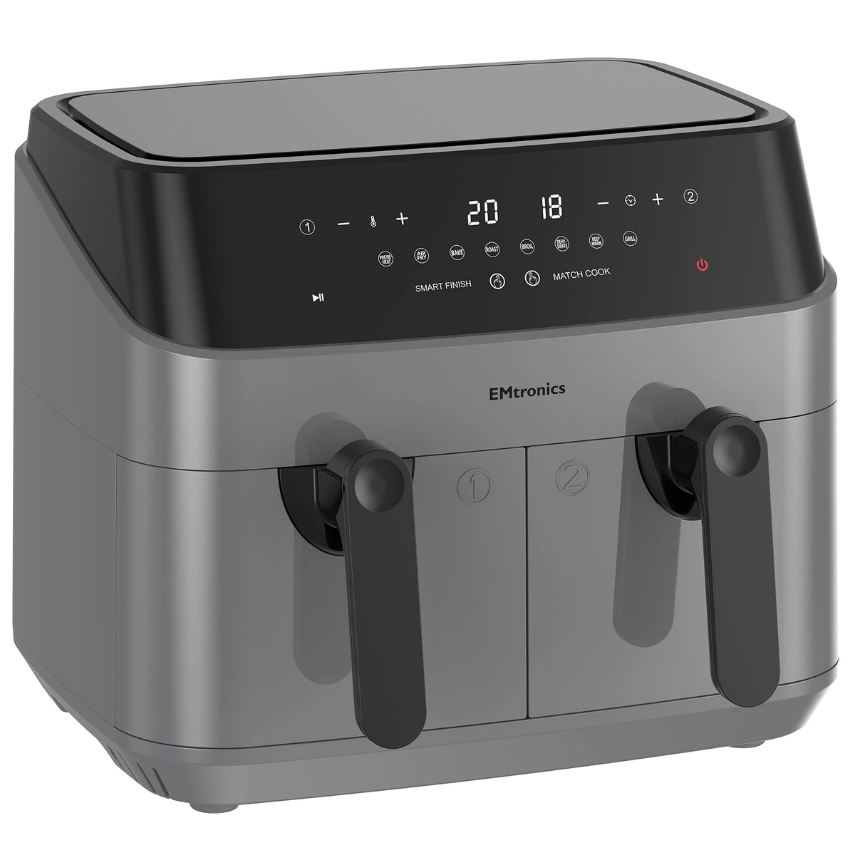 EMtronics EMAFDD9LGR Dual Air Fryer Extra Large Family Size Double XL 9 Litre with 8 Adjustable Pre-Set Menus for Oil Free & Low Fat Healthy Cooking,