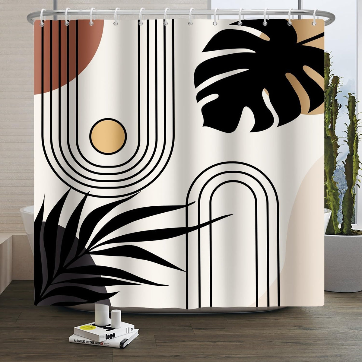 Xiaoterna Boho Sun Line Shower Curtain Retro Abstract Bathroom Curtain Black Leaves Sun Shower Curtain Rustic Countryside Shower Curtain Machine