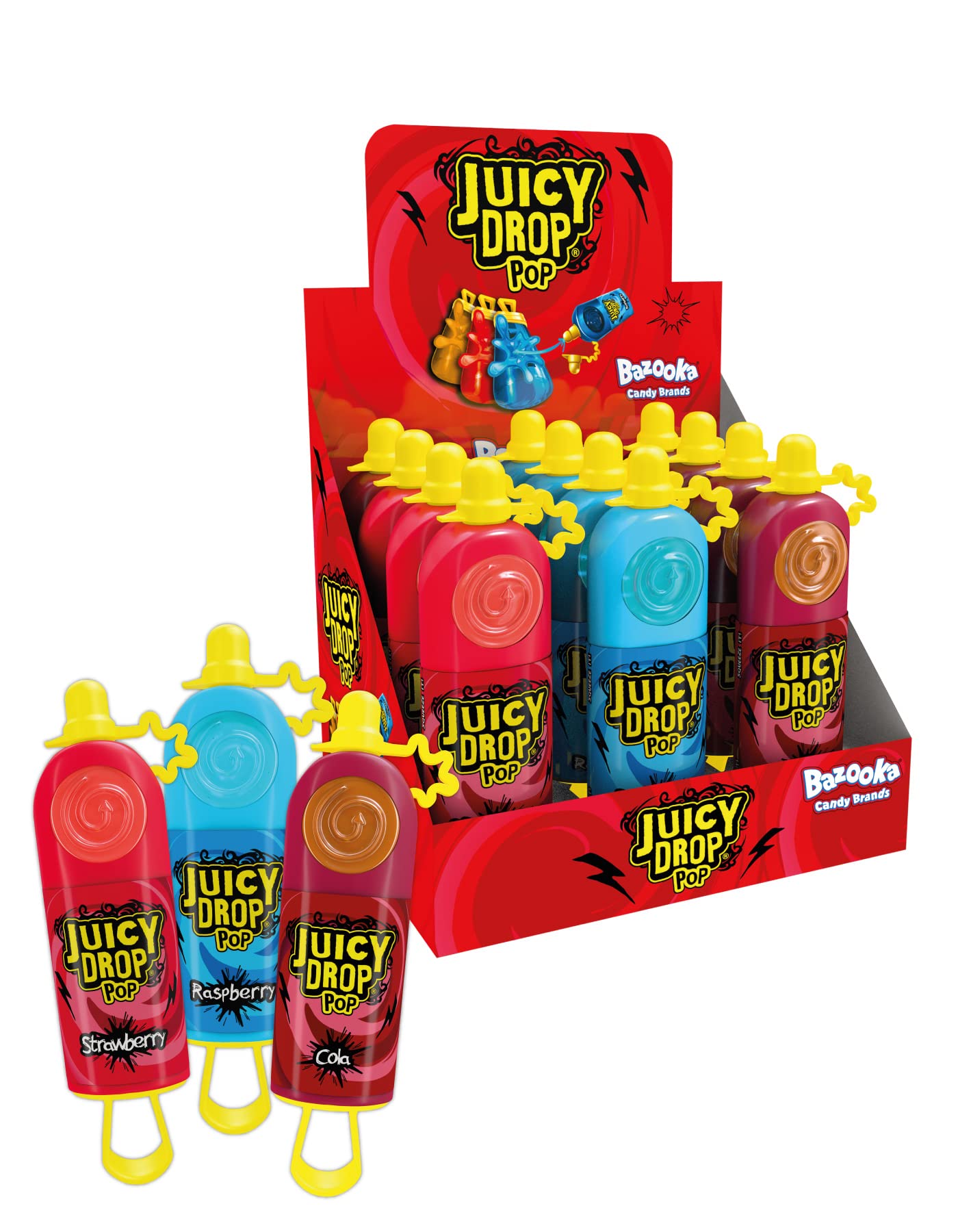 Juicy Drop Pop Lollipops - 12 Pack of 3 Flavours - 6 Blue Raspberry - 4 Strawberry - 2 Cola | Individually Wrapped Lollipops | American Sweets