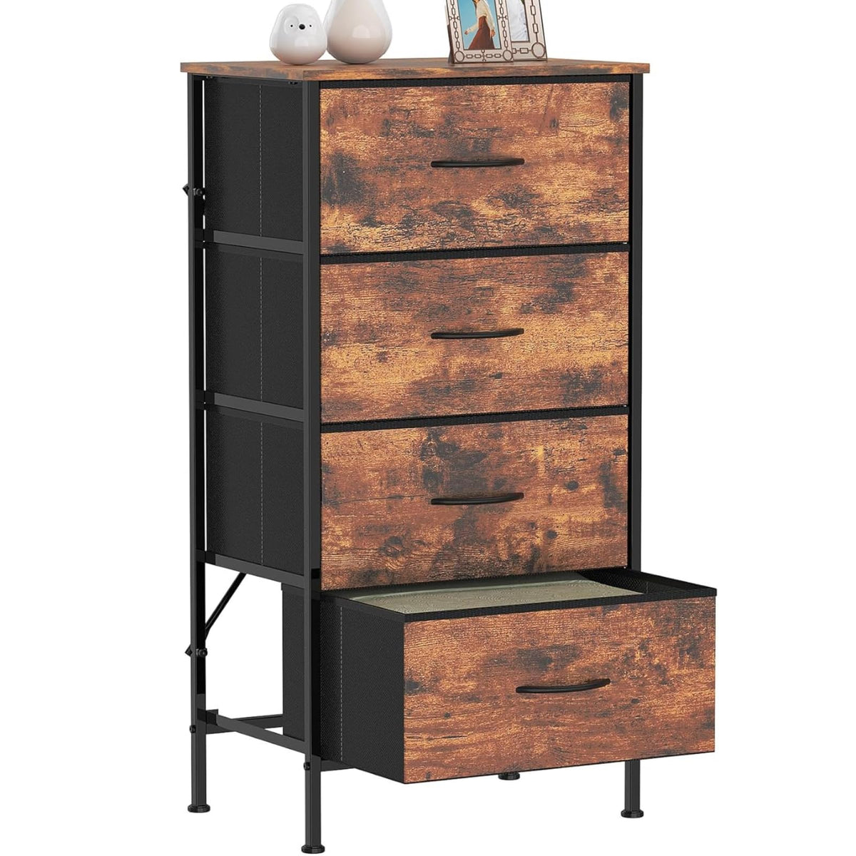 Feonase Chest of Drawers with 4 Fabric Drawers, Large Bedroom Dresser with Wooden Top & Sturdy Metal Frame, Tall Storage Organizer Unit for Bedroom