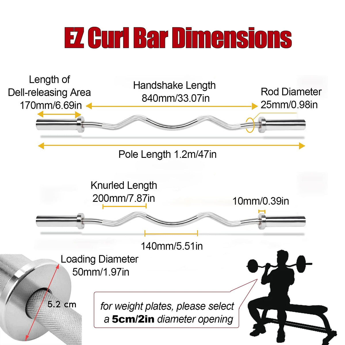 tonchean 47inches EZ Curl Bar Olympic Curl Bar for 2" Weight Plates EZ Bar Weight Lifting Bar Solid Chrome Tricep Bar Straight Training Bar with 2