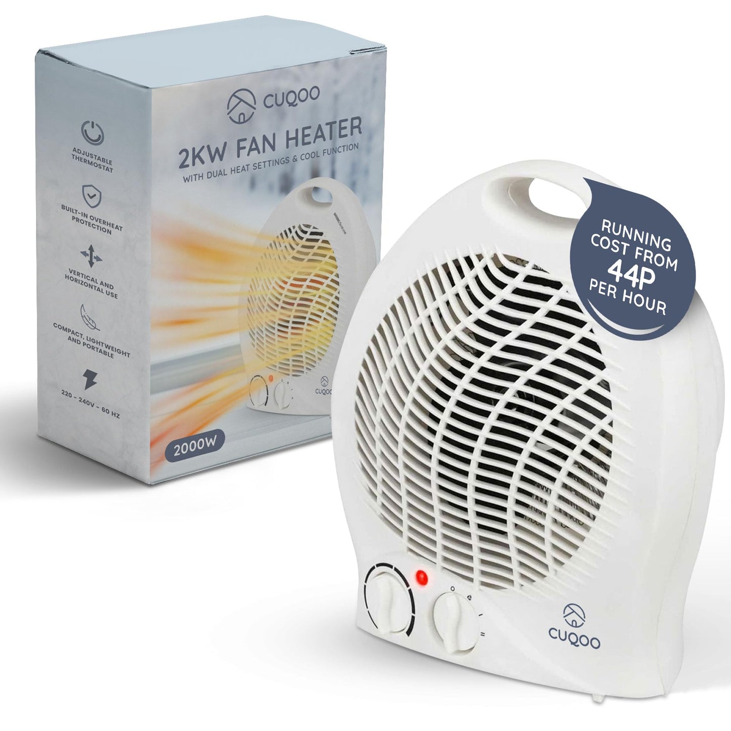 CUQOO 2KW Fan Cooler and Heater - Variable Thermostat & 2 Heat Settings ? Low Energy Usage 2-in-1 Portable Electric Quiet Heater and Cooler for Home -