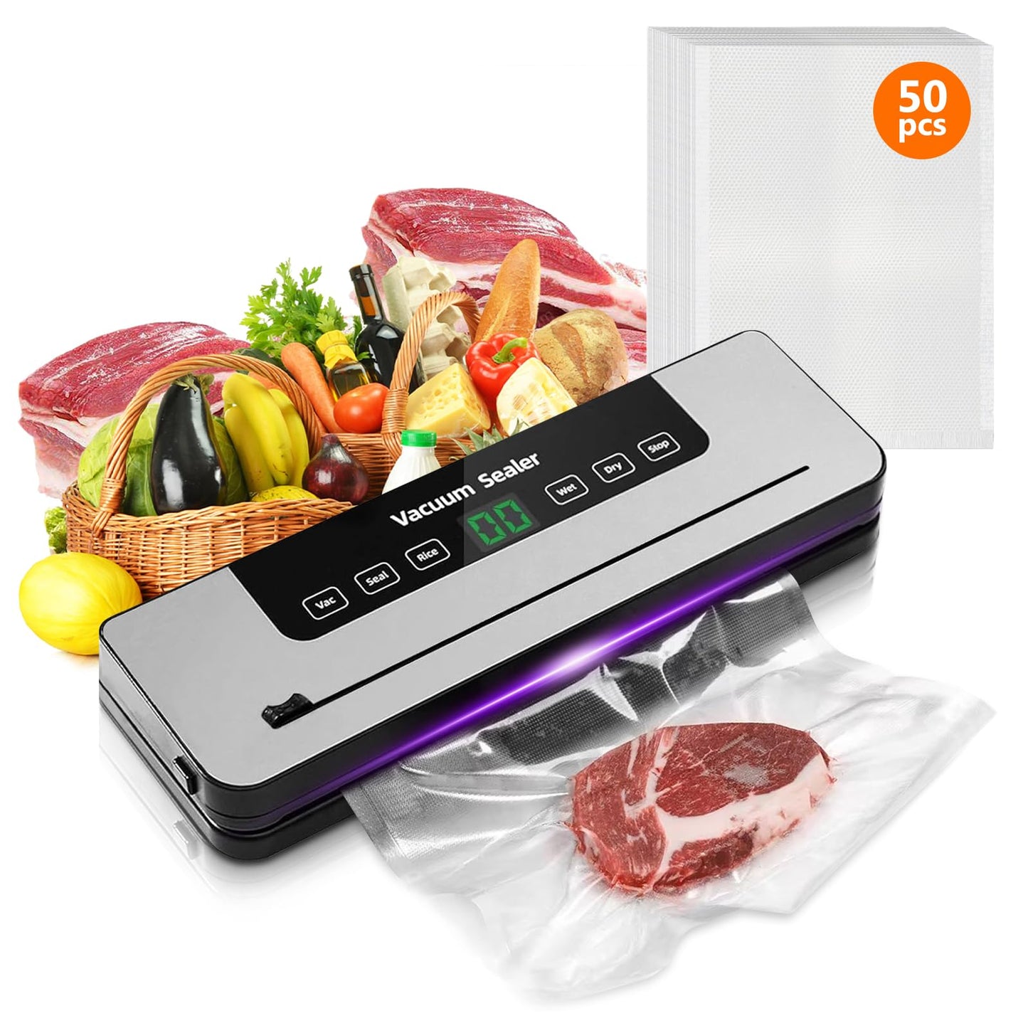 Vacuum Sealer Machine with 50 Vacuum Bags, 6 in 1 Food Vacuum Sealer with Intelligent Display and Built-In Cutter, for Keeping Meat Vegetables Snacks