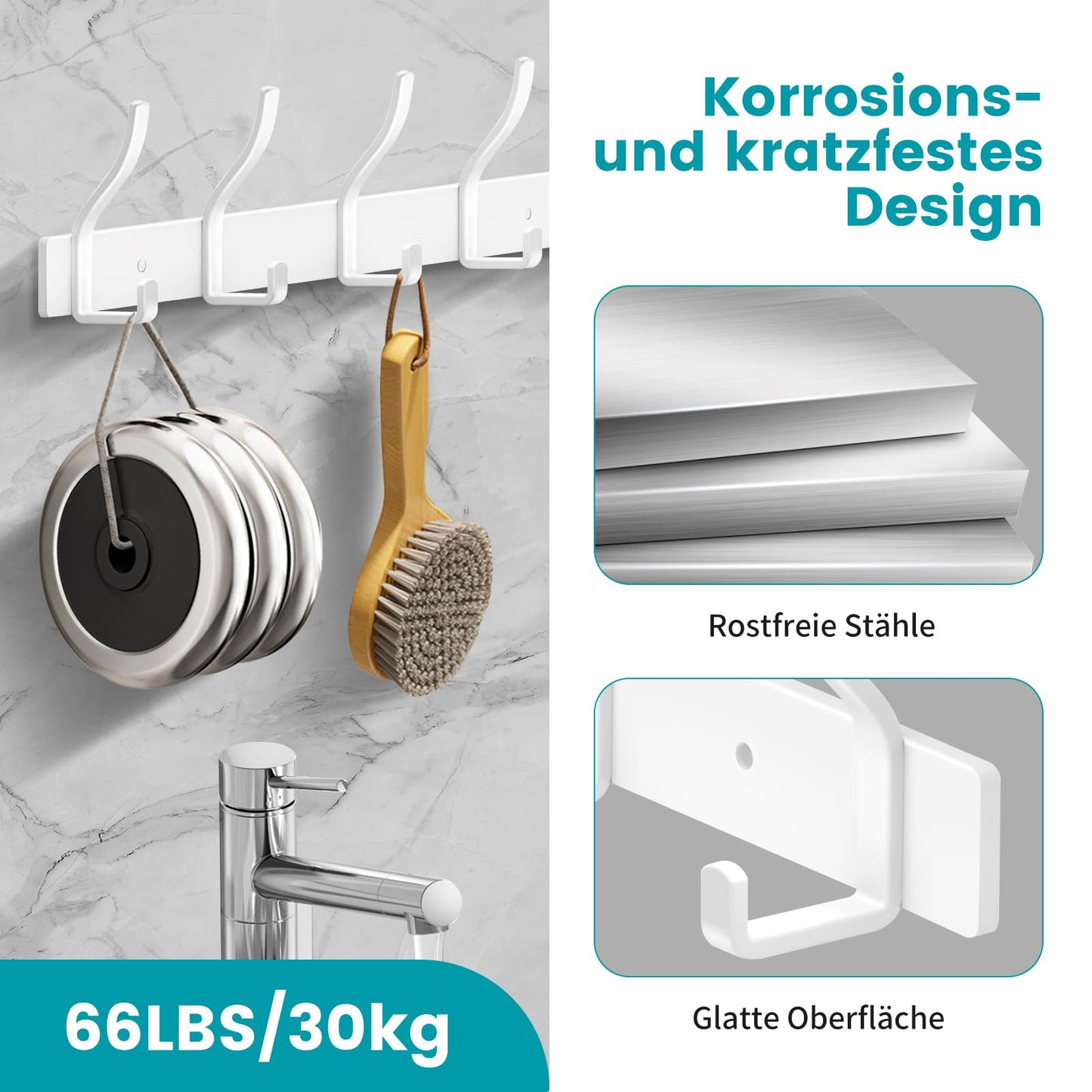 MEIJO Coat Hooks Wall Mounted Stainless Steel, White Coat Rack Wall Mounted with 8 Hooks Heavy Duty Coat Hooks for Door, Bathroom, Bedroom, Kitchen