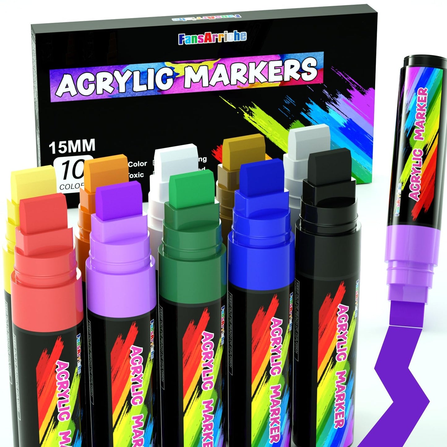 FansArriche Acrylic Marker Pens, 15 mm Jumbo Felt Tip, 10 Colours Waterproof Paint Pens for Marking, Acrylic Marker for Stones, Waterproof, Signs,