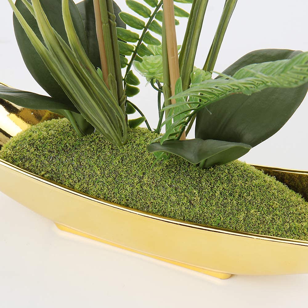 Briful 15" Artificial Phalaenopsis Flowers Arrangement Artificial Orchid Bonsai in Gold Pot Fake Flowers Silk Orchid Flower for Table Centerpieces