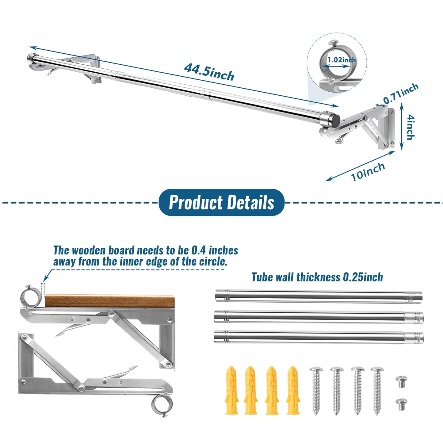 Foldable Wall Mounted Clothes Rack-44'' Long Rod&2 Bases,Stainless Steel, Heavy Duty,Detachable,Multi-Purpose for Space-Saving Garment Rack/Clothes