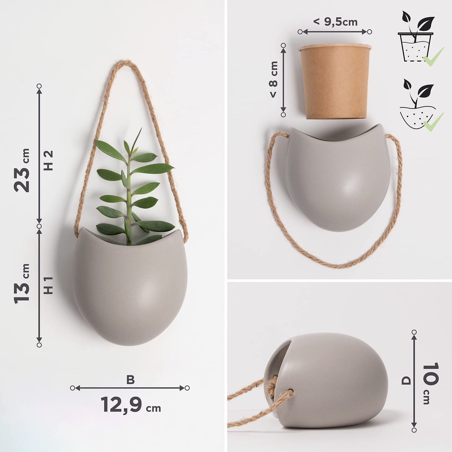 Kazai. Wall Planters -Ellie- | Hanging Ceramic Plant Pots, 3 Pieces, for Succulents and more | Wall Decoration for Indoors, Balcony and Garden | Light