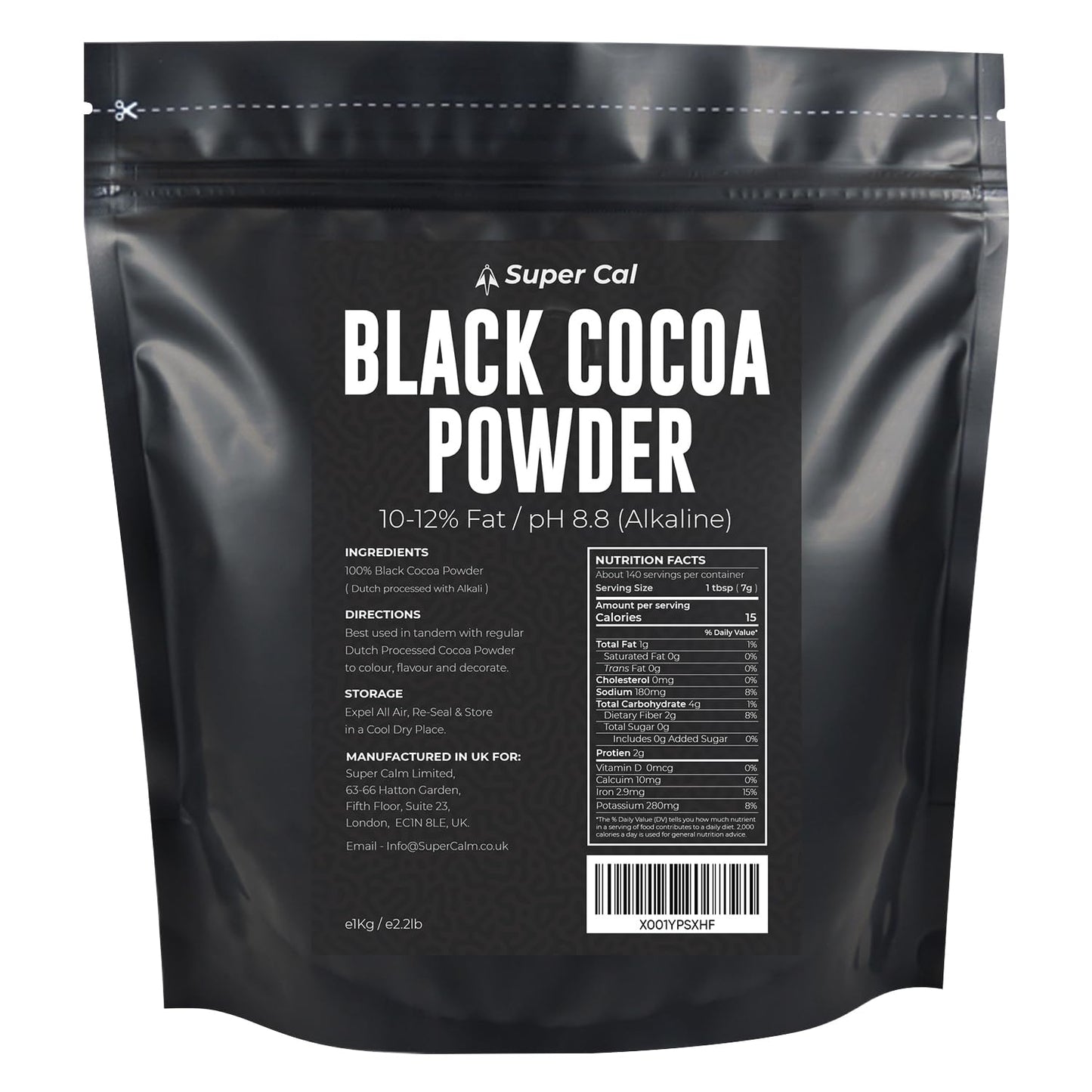 Black Cocoa Powder for Baking - 1kg Pouch | Intense Deep Black Dutch Processed Unsweetened Cocoa Powder | pH 8.8 (Zero Bitterness) with 10-12% Fat |