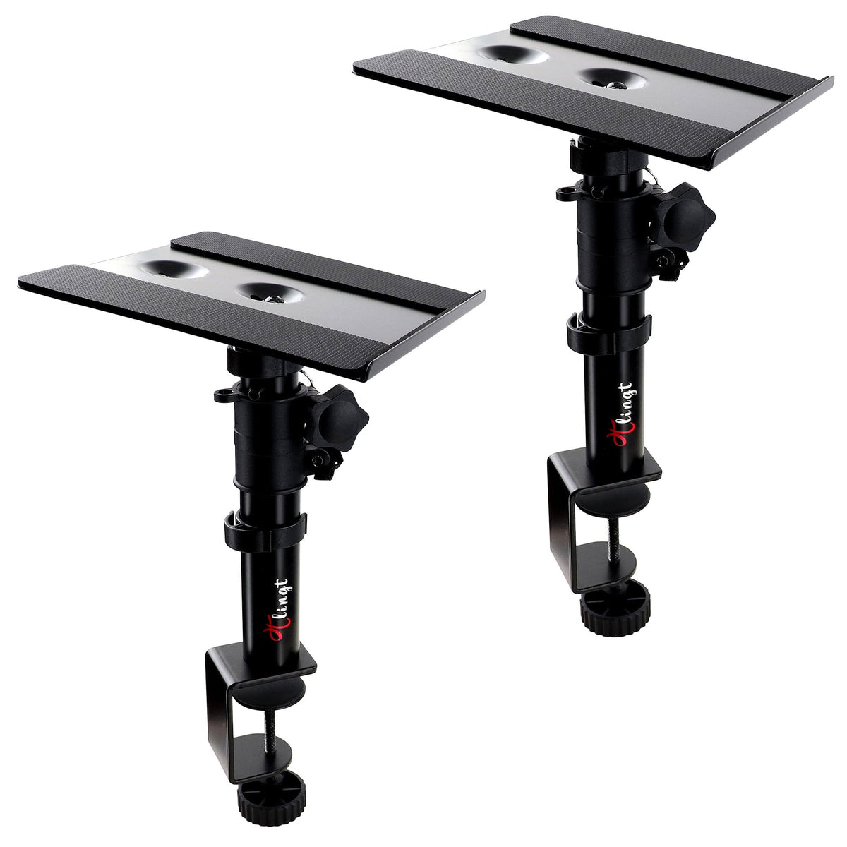 Desktop Speaker Stands Pair, Clamp-on Monitor Speaker Stand Riser Set of 2, 17 x 20 cm Metal Tray, Adjustable -10? to +10? Tilt Angle, Ideal for 3 to
