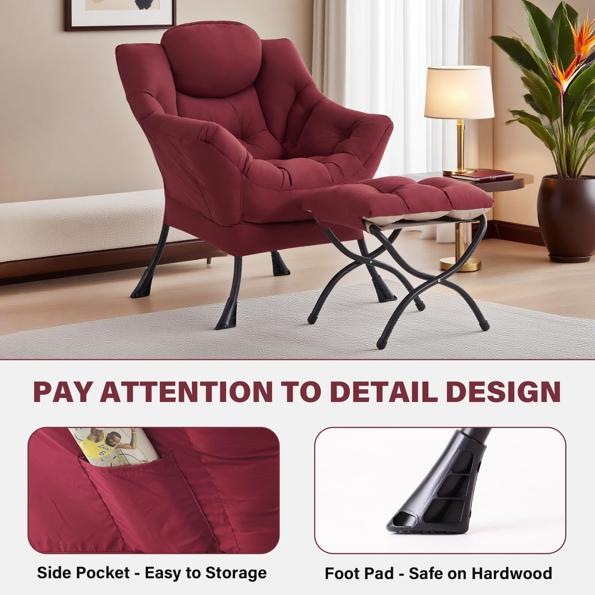 YOTATING Modern Lazy Chair with Ottoman, Accent Contemporary Lounge Leisure Upholstered Sofa Set with Armrests and a Side Pocket