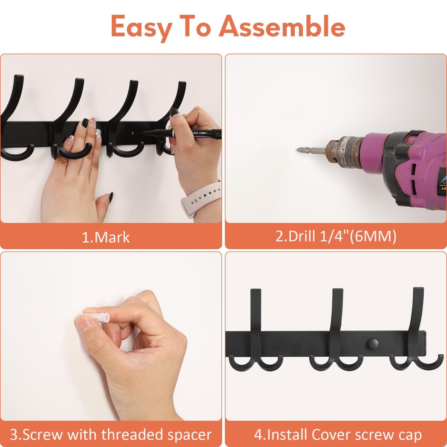Optish Coat Hooks Wall Mounted, 2 Pack Coat Rack Wall Mount with 15 Hooks, Black Wall Coat Hooks for Jackets, Hats, Bags, for Entryway, Bedroom
