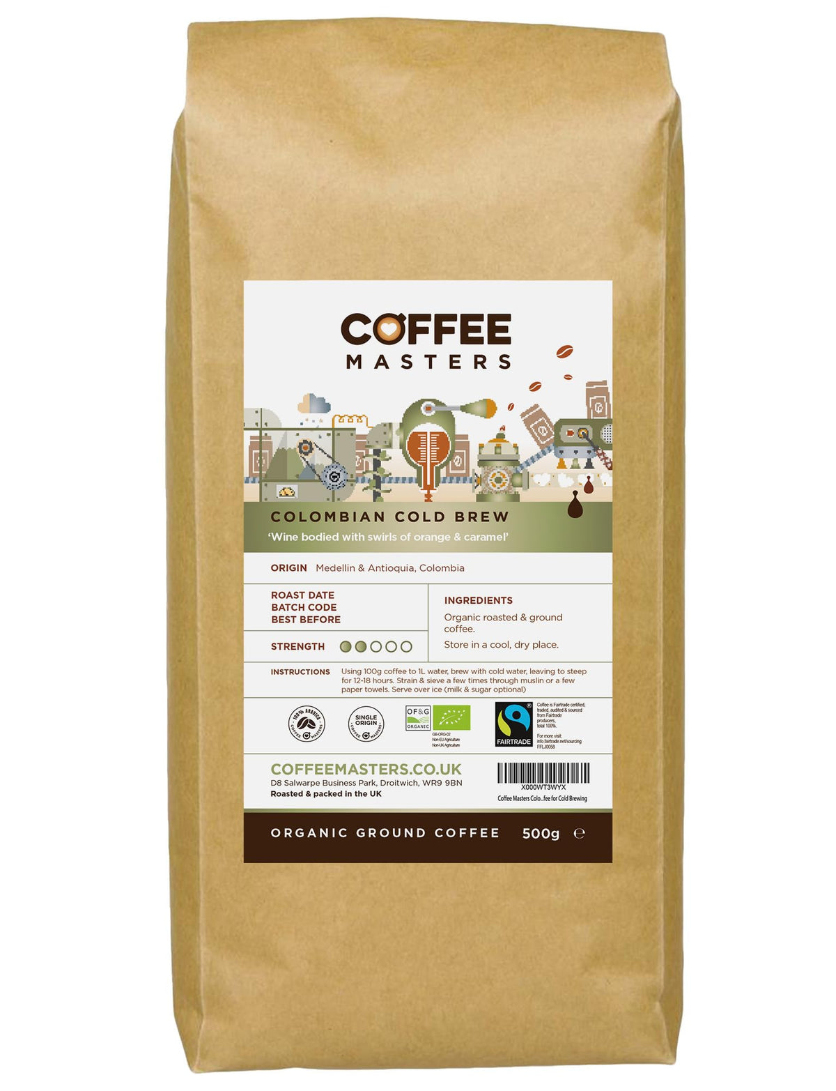 Coffee Masters Colombian Cold Brew Ground Coffee - 500g Light Roasted Espresso Bean - Organic, Single Origin, Fair Trade, 100% Arabica Coffee Beans