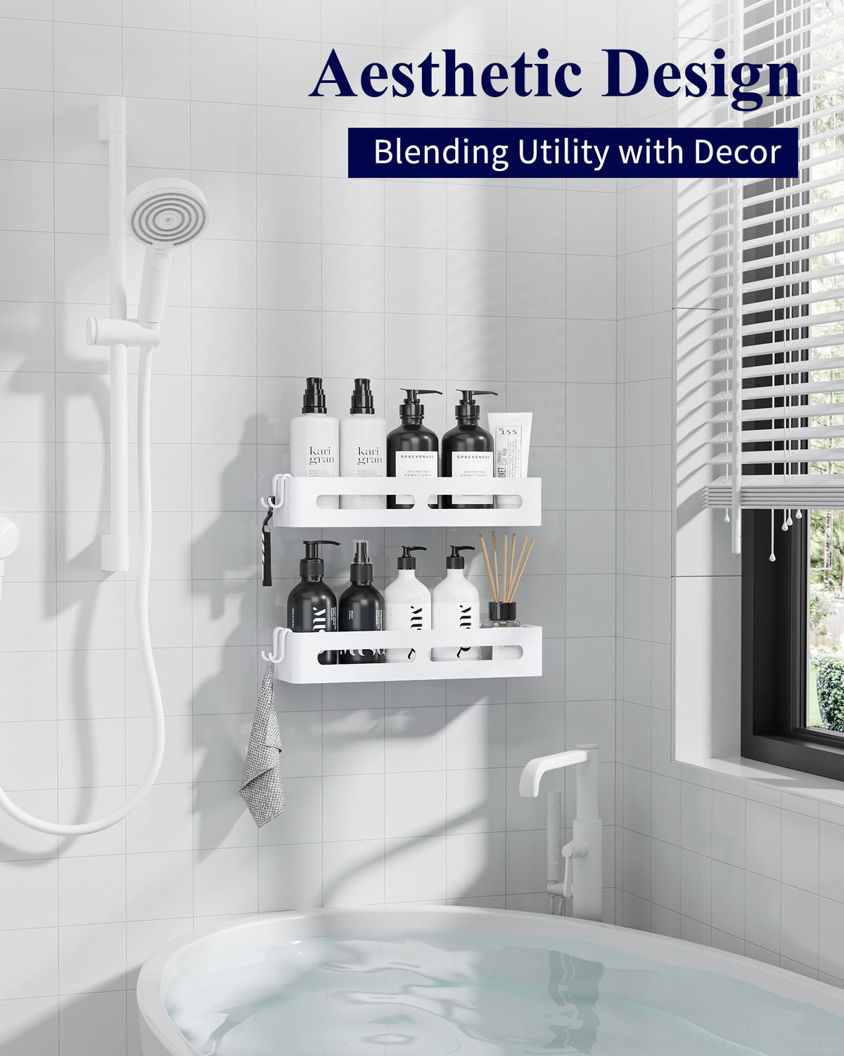 Kitsure Shower Storage - 2-Pack, No Drilling Shower Shelf with Large Capacity, Self-Adhesive Shower Caddy with 4 Removable Hooks, White