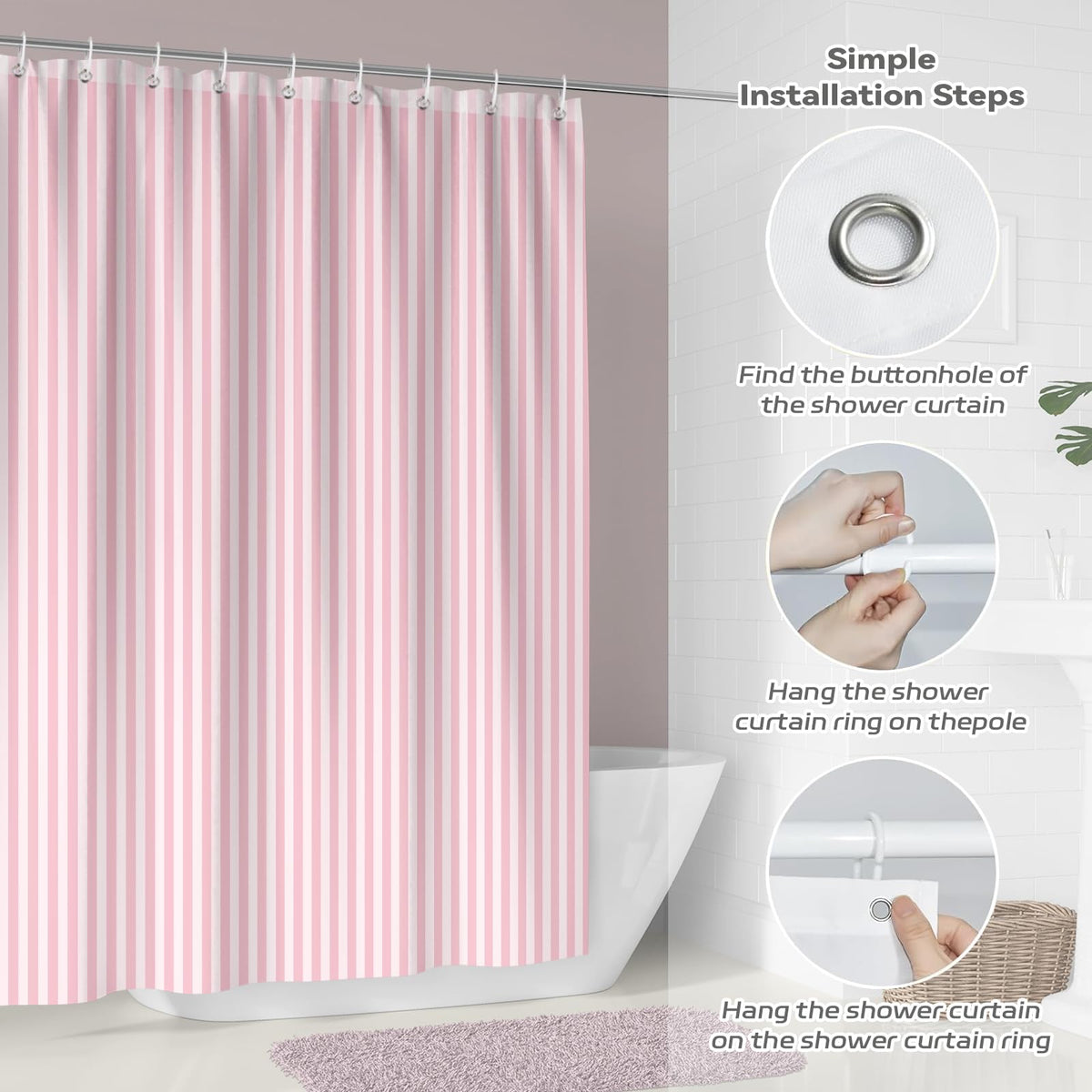Hopomoon Pink and White Striped Shower Curtain,Vintage Pink Vertical Striped Geometric Waterproof Polyester Fabric Bath Curtain with 12 Hooks 72 x 72
