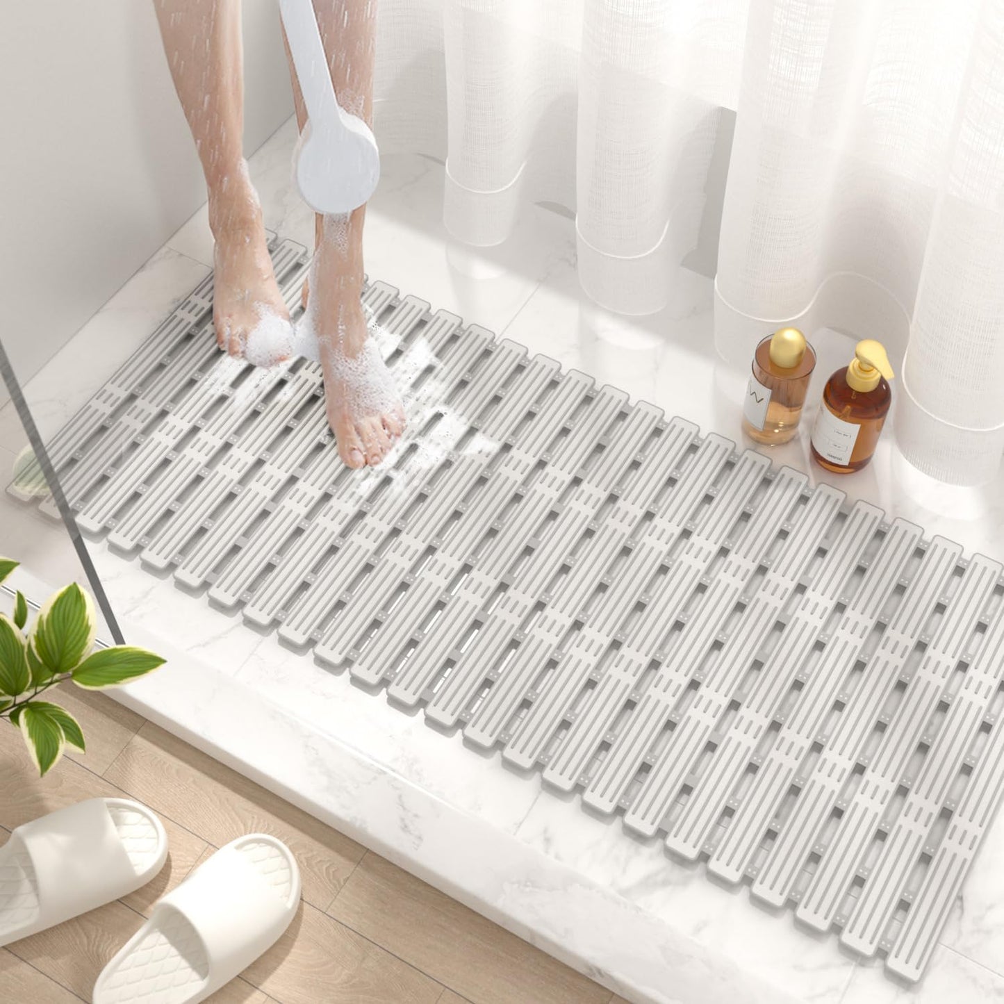 HITSLAM Shower Mat Non Slip Anti Mould, 90x40CM Bath Mat Non Slip for Tub, Quick Drain TPE Bathtub Mat with Suction Cups, Bathroom Accessories, Cut to