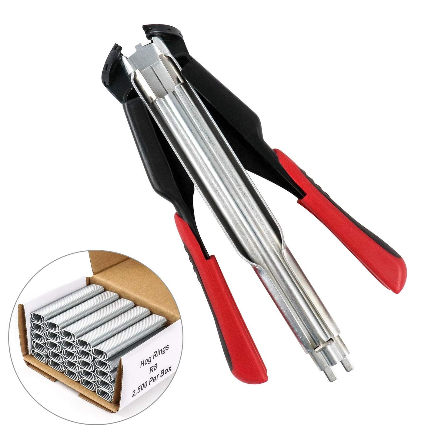 QWORK? Hog Ring Pliers Automatic Fencing Kit C-Type Clip Fencing Pliers with 2500PCS Galvanised Fence Hog Ringsfor Wire Mesh Pet Cages Car Mattresses