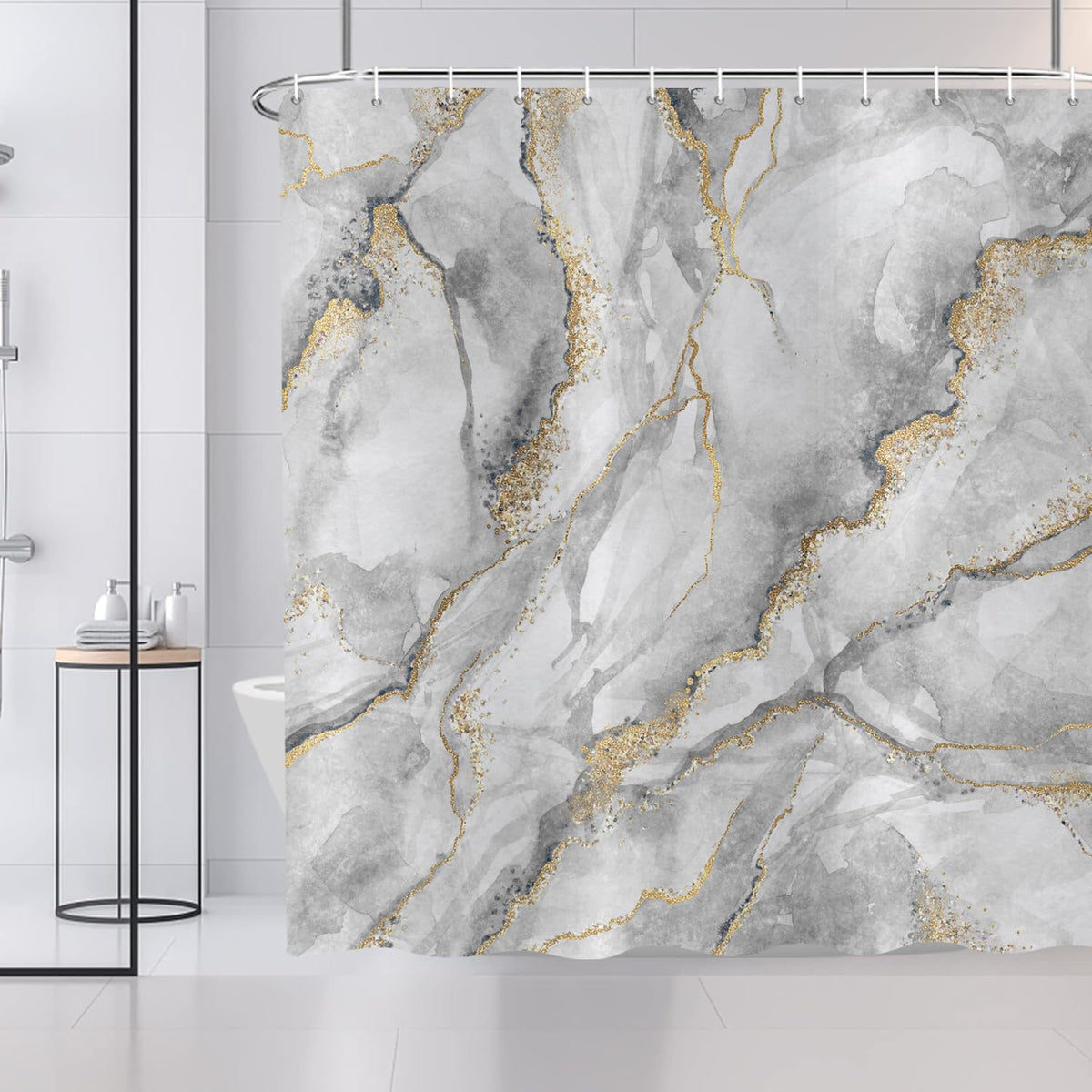 ASDCXZ Marble Shower Curtain 180x200 cm, Modern Abstract Grey White Gold Marble Optic Texture Colorful Washable Shower Curtains Polyester Textile