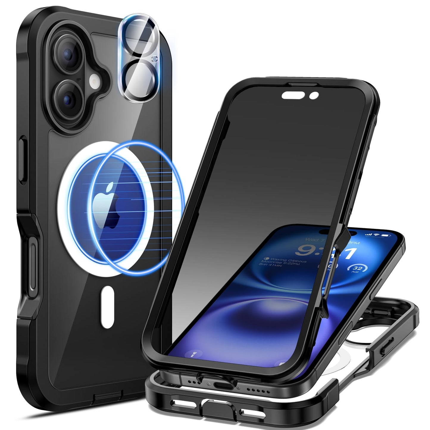 seacosmo Magnetic for iPhone 16 Case, Privacy Phone Cover Compatible with Magsafe Built-in Anti Peep Tempered Glass Privacy Screen Protector and