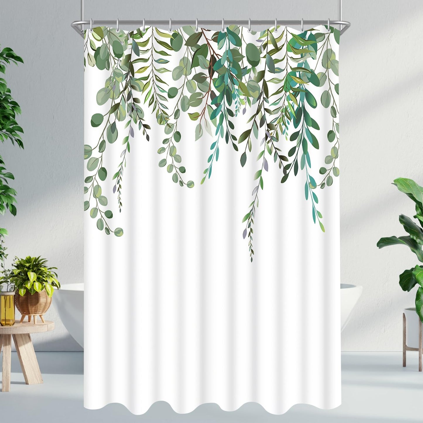 Lerores Shower Curtain, 120 x 200 cm, Green Leaves, Weighted Hem, Anti-Mould Textile, Water-Repellent, Washable Polyester Bath Curtains with 8 Eyelets