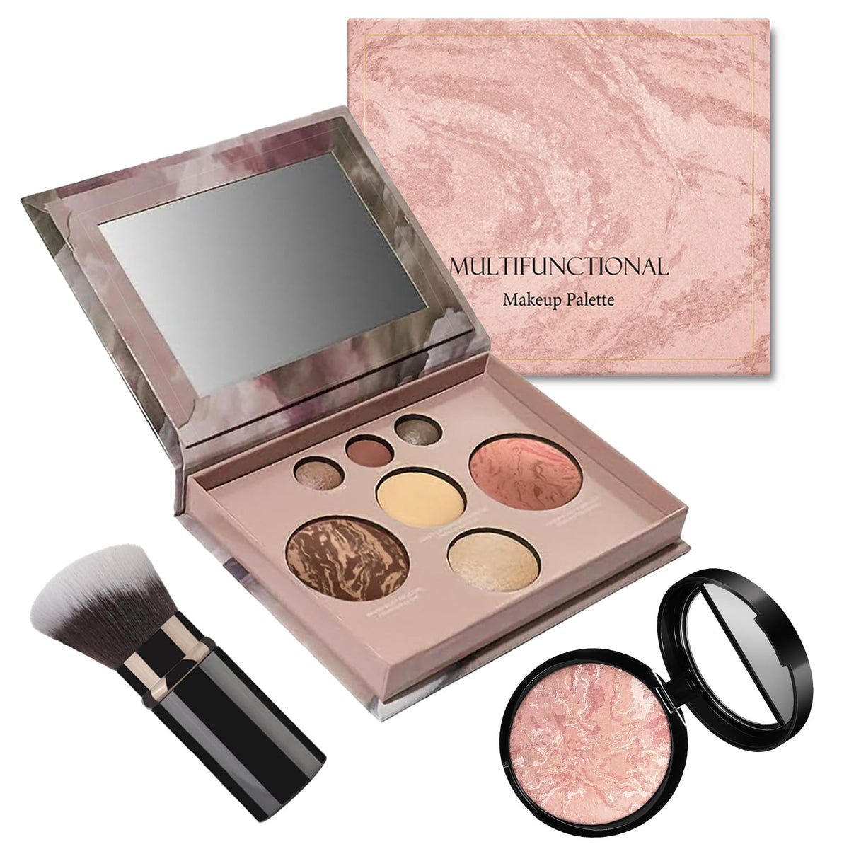 Baked Palette Makeup Set,3Pcs Cosmetic Make Up Starter Kit, Includes Baked Foundation, Bronzer, Blush, 2 Highlighters, 3 Eyeshadows and Brush, Makeup