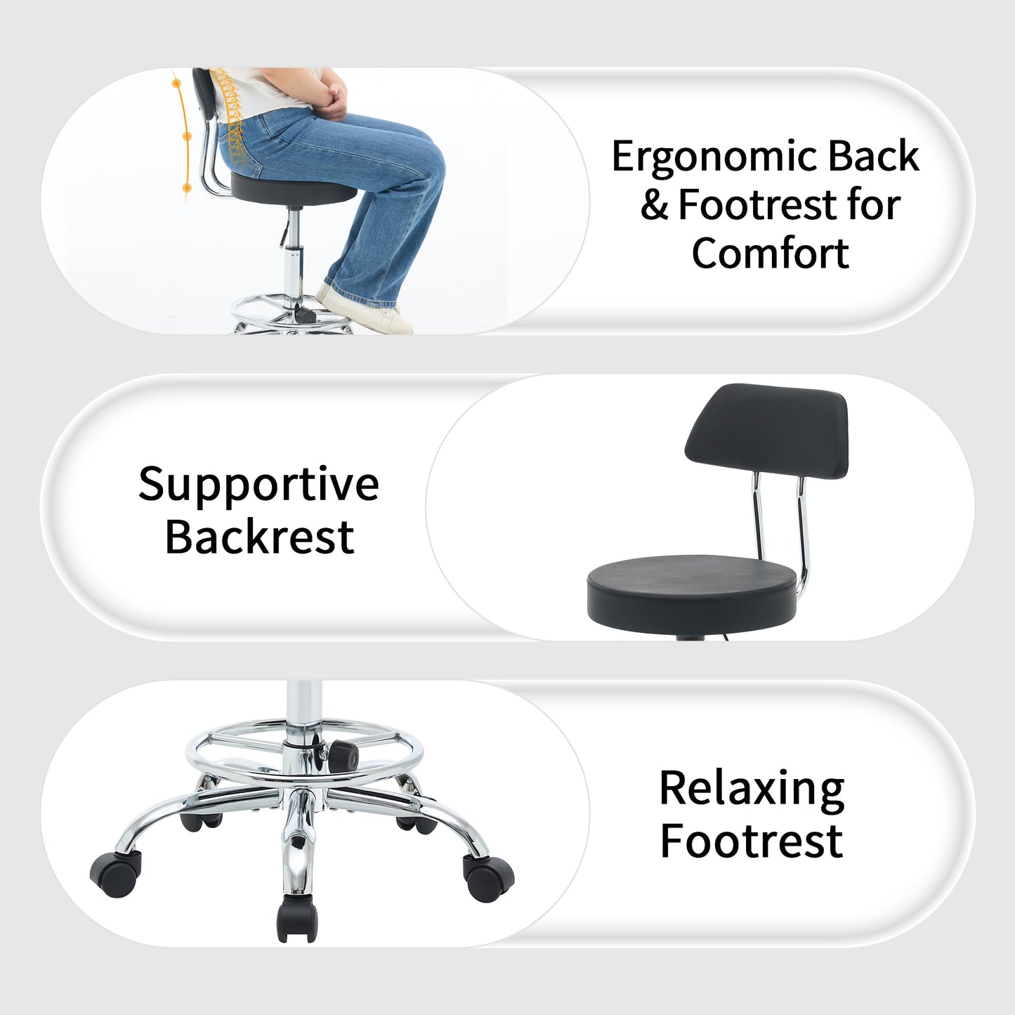 FIRAVOE Adjustable Rolling Office Stool Chair with Backrest and Footrest, Swivel Drafting Chair with Wheels