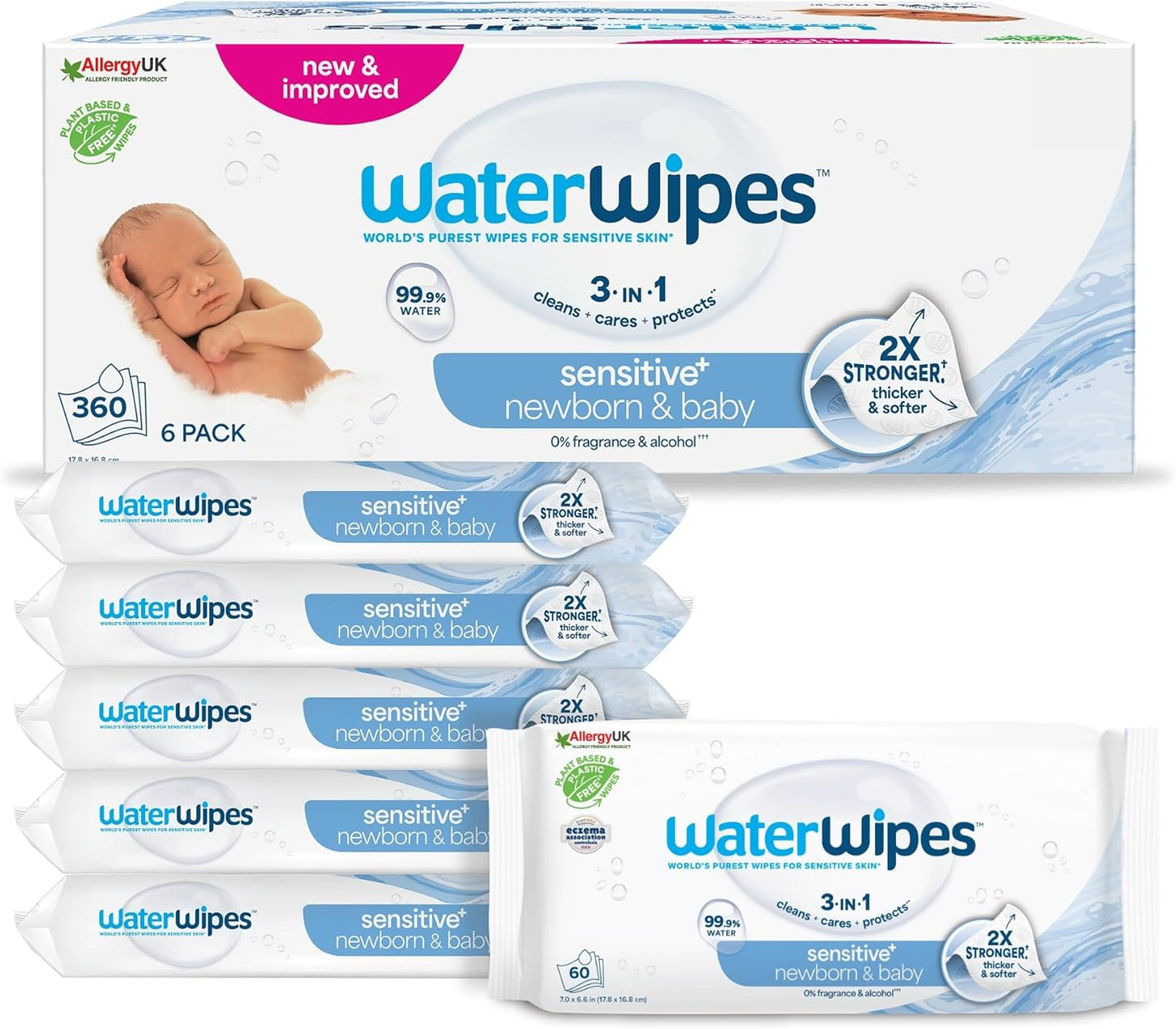 WaterWipes Sensitive+ Newborn & Baby Wipes, 360 Count (6 Packs), Expiry date 12/27, Open scruffy packaging