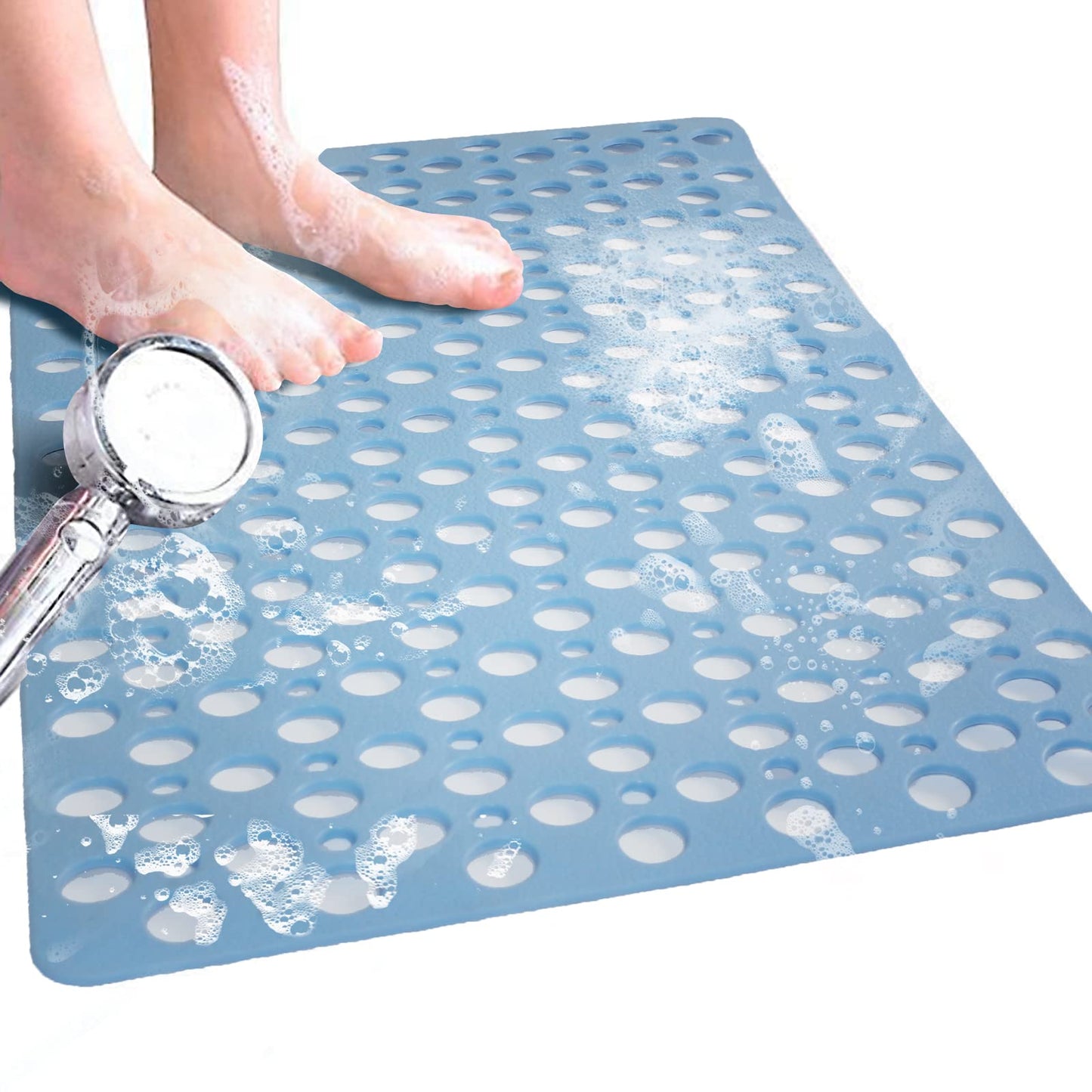 Venuso Square Shower Mats Non Slip Anti Mould, Rubber Anti Slip Bath Mat with Drain Holes, Machine Washable, Blue 43 x 75 cm