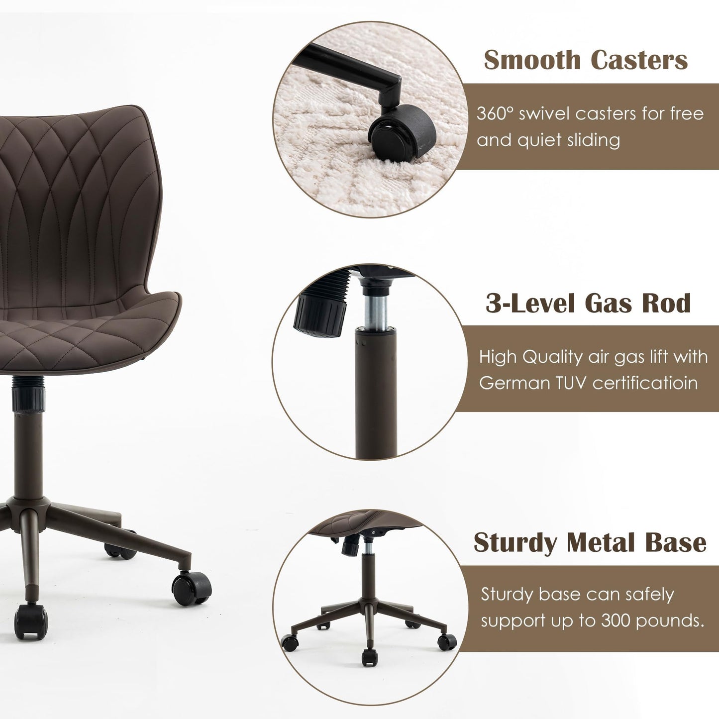 YOUNUOKE Desk Chair Adjustable Home Office Chair with Wheels, Brown
