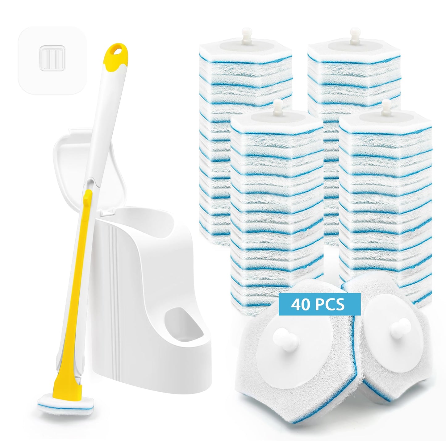 JEHONN Disposable Toilet Cleaning System with 40PCS Brush Refills, Wall Mounted Toilet Wand Kit for Bathroom Sink Bathtub Wash Basin (Yellow)