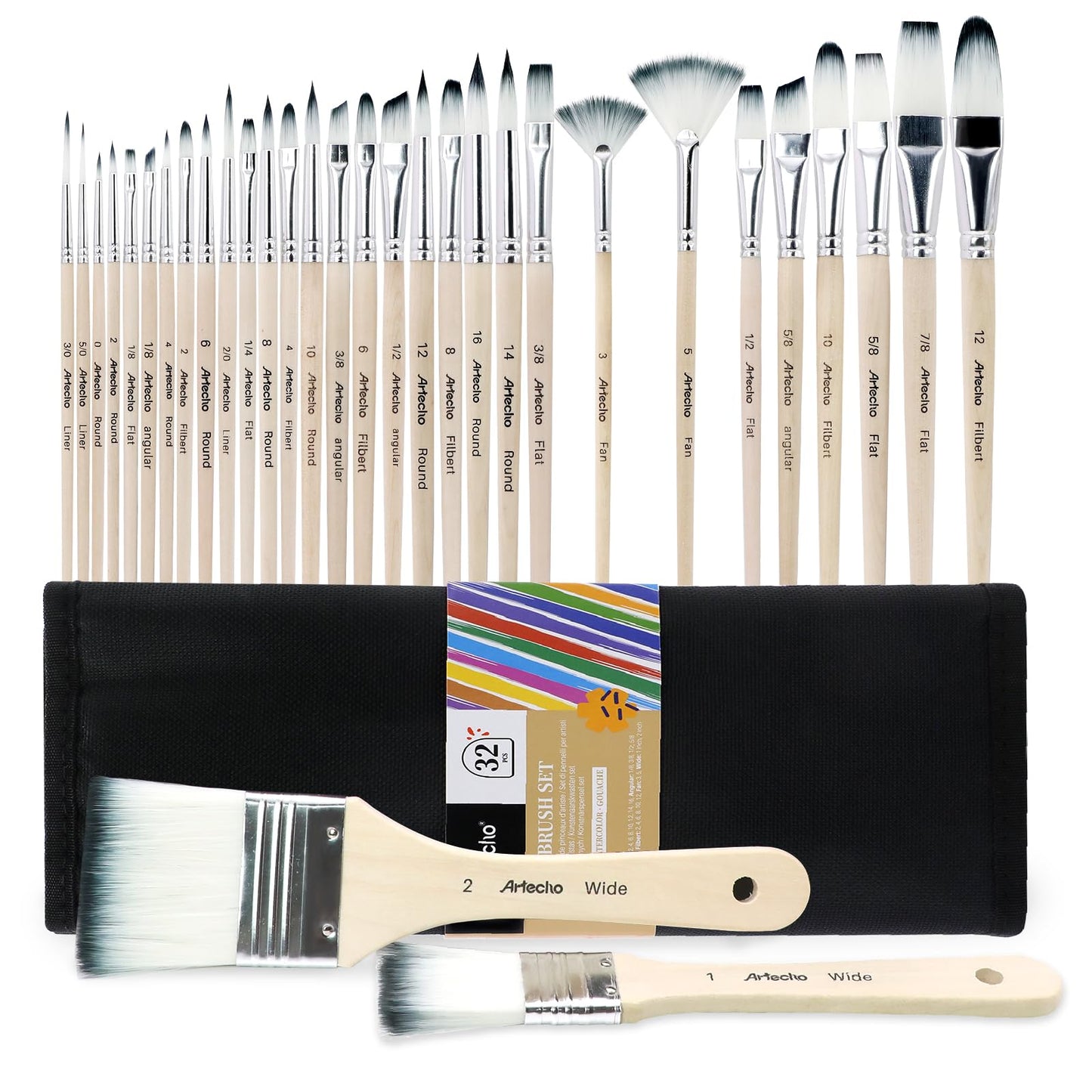 Artecho 32 PCS Art Paint Brushes Set - Watercolor, Acrylic & Oil Painting - Professional Brushes for Artists & Adults