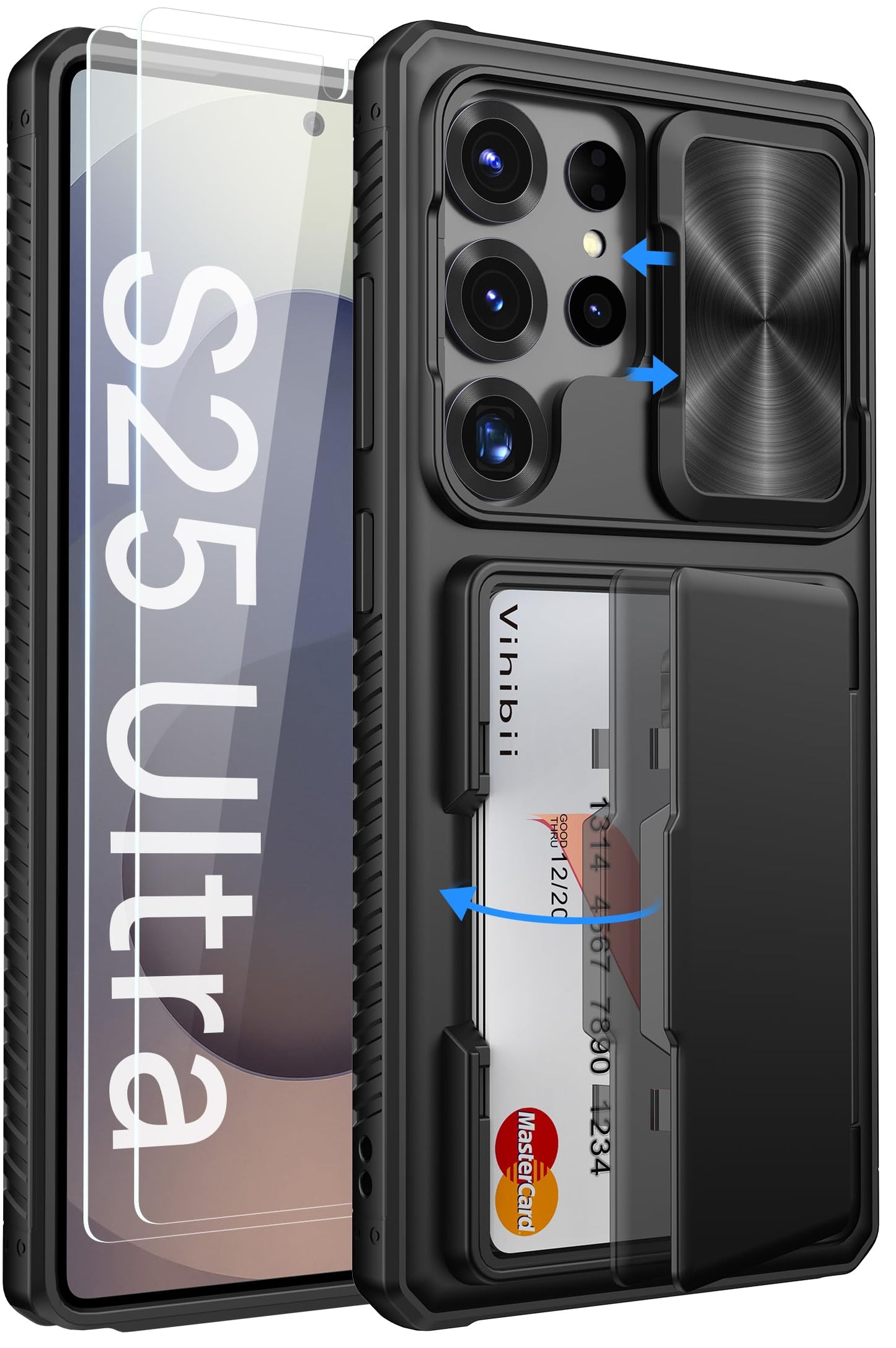 Vihibii for Samsung Galaxy S25 Ultra Case with Card Holder (4 Cards), Built-in 2X Tempered Glass Screen Protector & Slide Camera Cover & Kickstand,