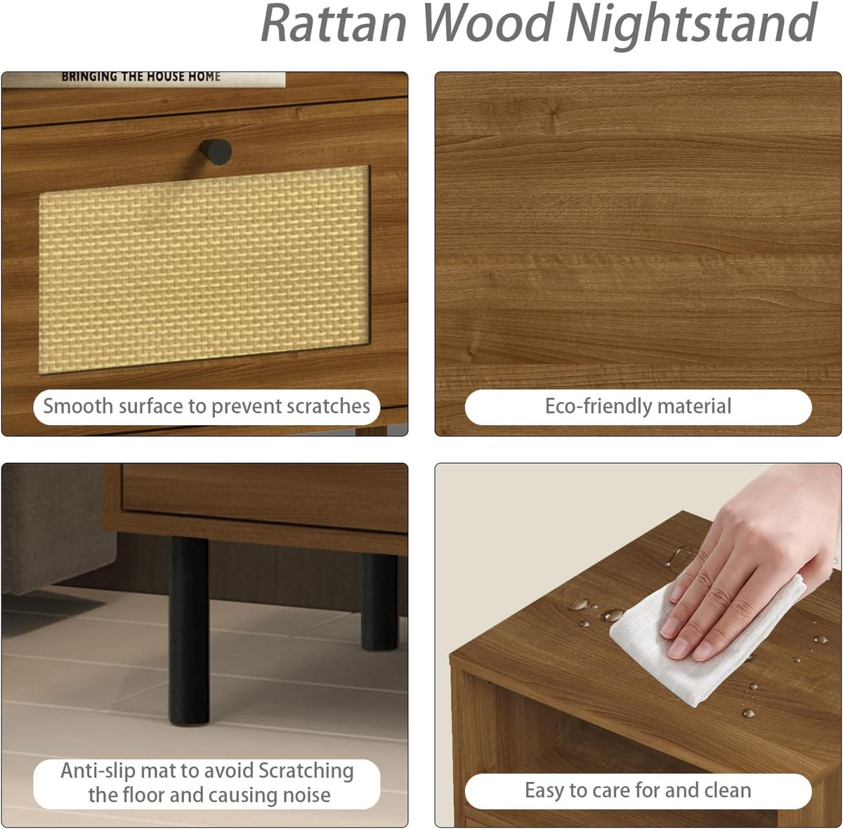 Bedside Table, Boho Farmhouse Walnut Rattan Nightstand with Drawers