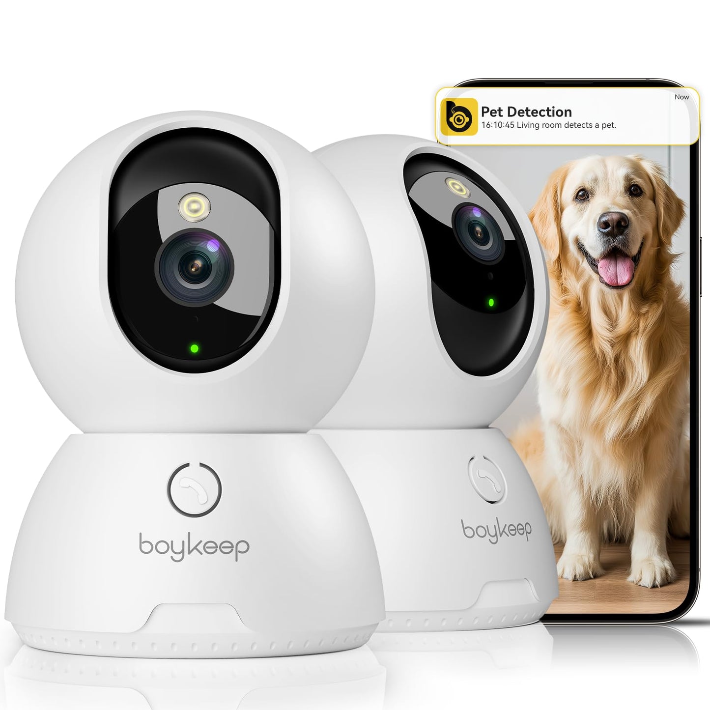 BoyKeep 2K Surveillance Cameras for Home Security, 2-Pack Indoor Camera with Night Vision, Pet Camera Indoor with App, Motion Detection, 2-Way Audio,