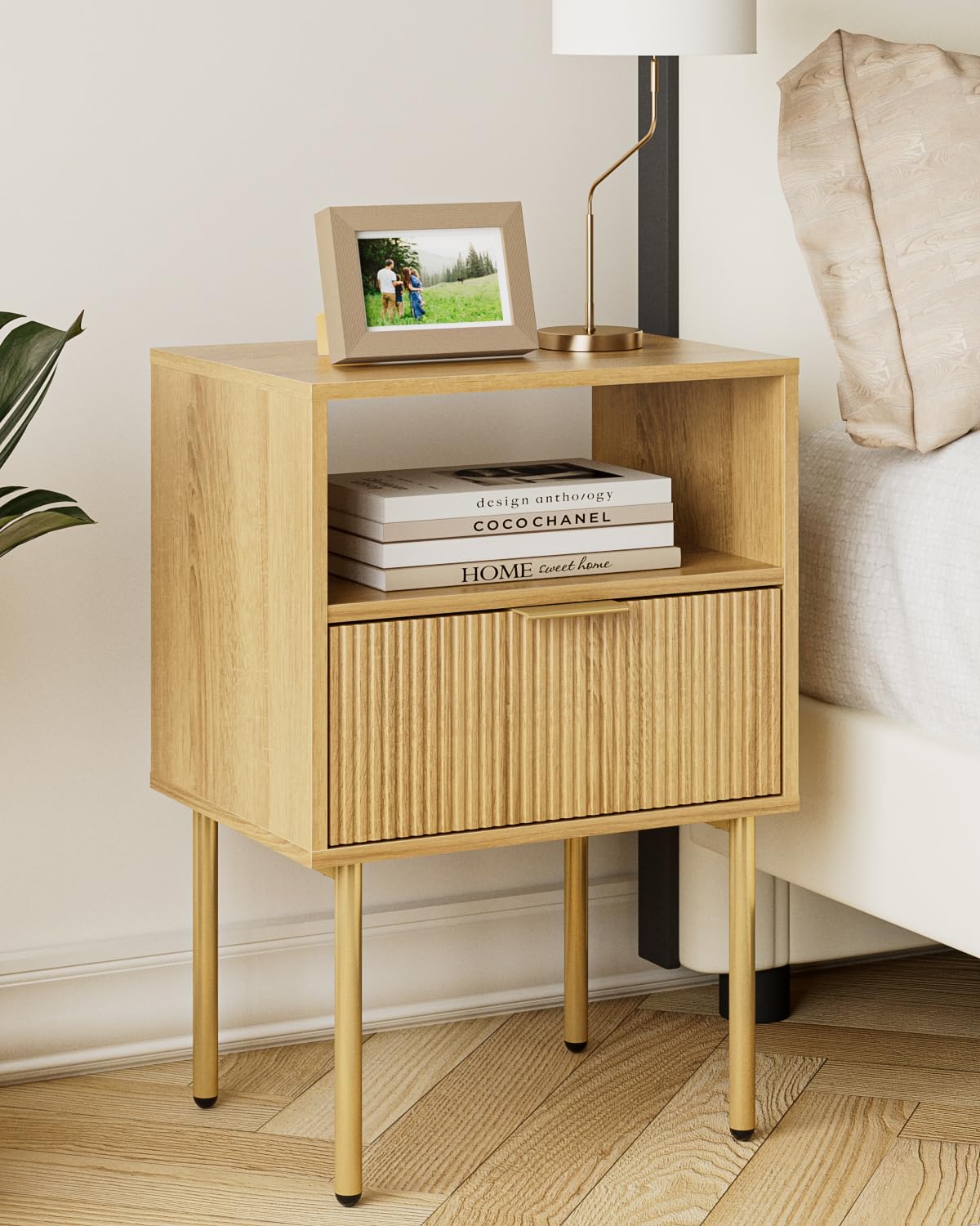 HEYZOEY Bedside Table, Small Bedside Tables with 1 Drawers, Wooden Nightstand with Gold Legs, Mid-Century Modern Bed Side End Table for Bedroom,