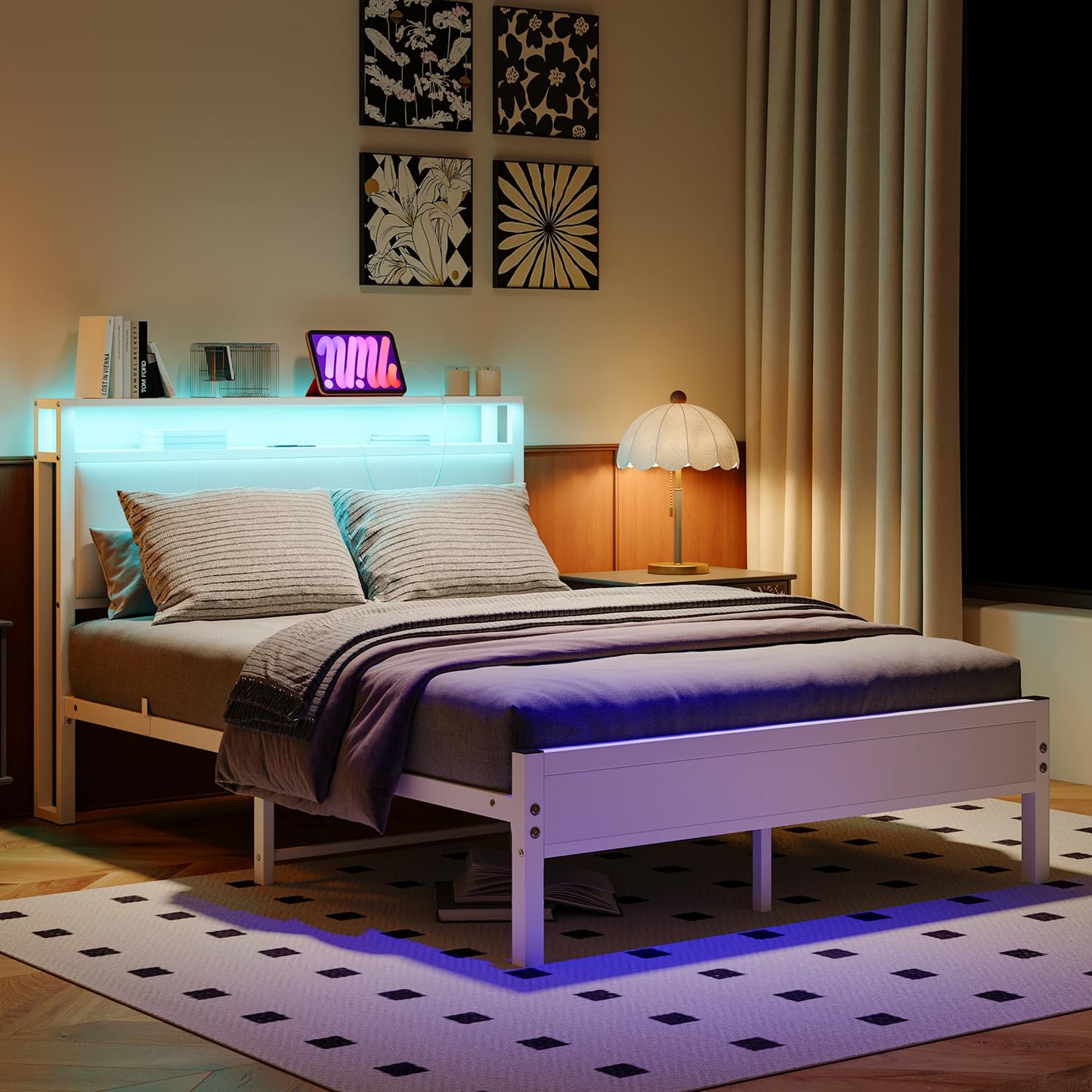 FOUBAM 4FT6 Small Double Bed Frame with Storage Headboard, White