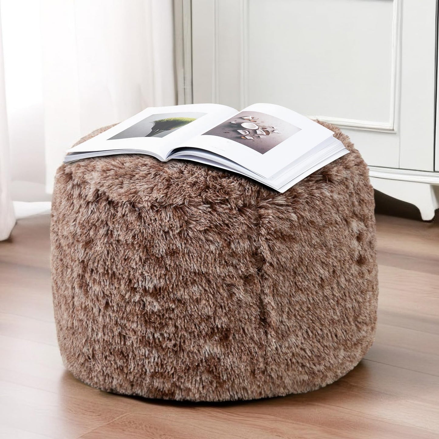 HIGOGOGO Faux Fur Beanbags Round Footstool Bean Bag Pouf with Foam Chunk Filling, 50 x 35 cm Floor Poufs Foot Rest for Living Room, Coffee