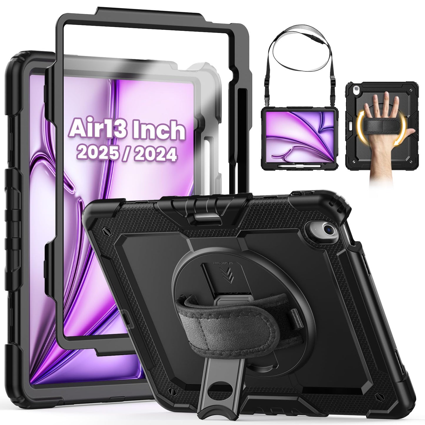 SEYMCY Case for iPad Air 13 inch 2025 (M3)/ 2024 (M2), Full Body Shockproof with Screen Protector, 360? Rotating Stand & Hand Strap, Shoulder Strap,