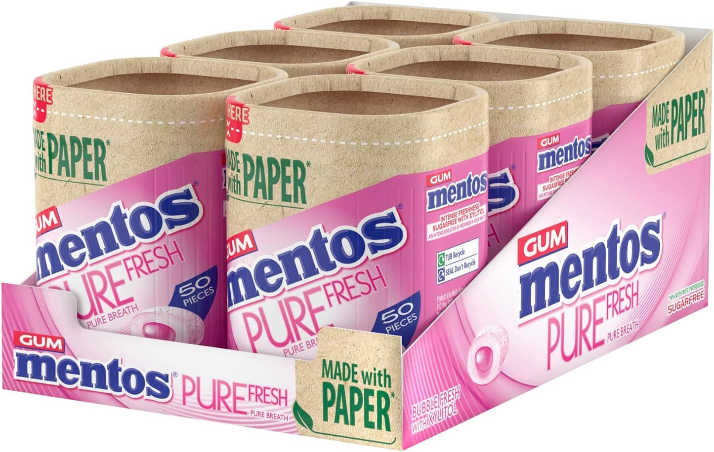 MENTOS GUM - Pure Fresh Chewing Gum - Crisp Outer Shell and Liquid Filled Centre - Bubble Fresh - 6 x 50 Pieces