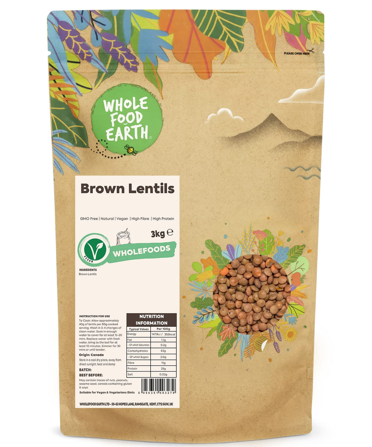 Wholefood Earth Brown Lentils 3 kg | GMO Free | Natural | High Fibre | High Protein