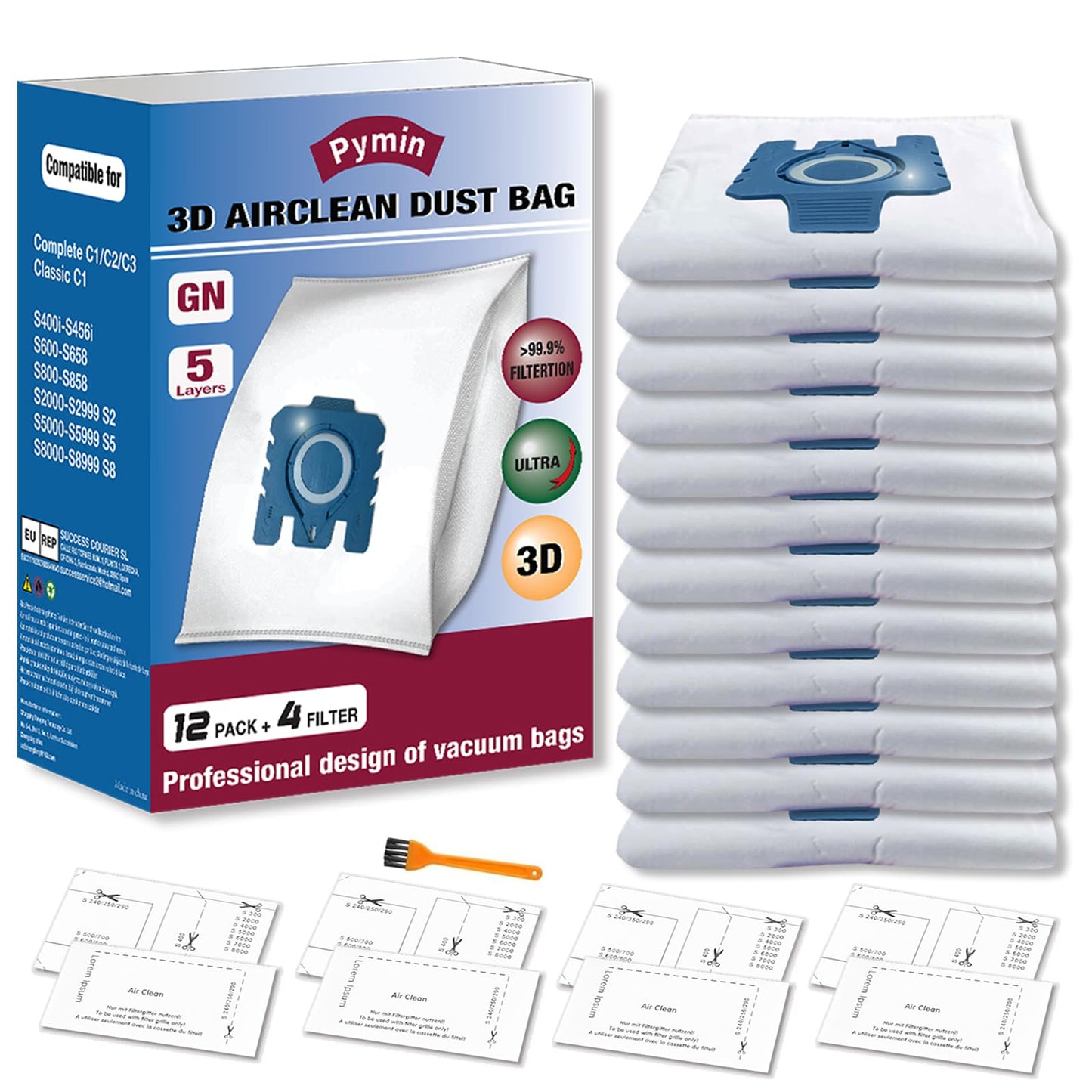 Pymin 12 Pack GN Vacuum Dust Bags Replacements for Miele Hoover Bags Classic C1, Complete C2 C3, S227 S240, S270, S400, S400i, S600, S2, S5, S8 Series