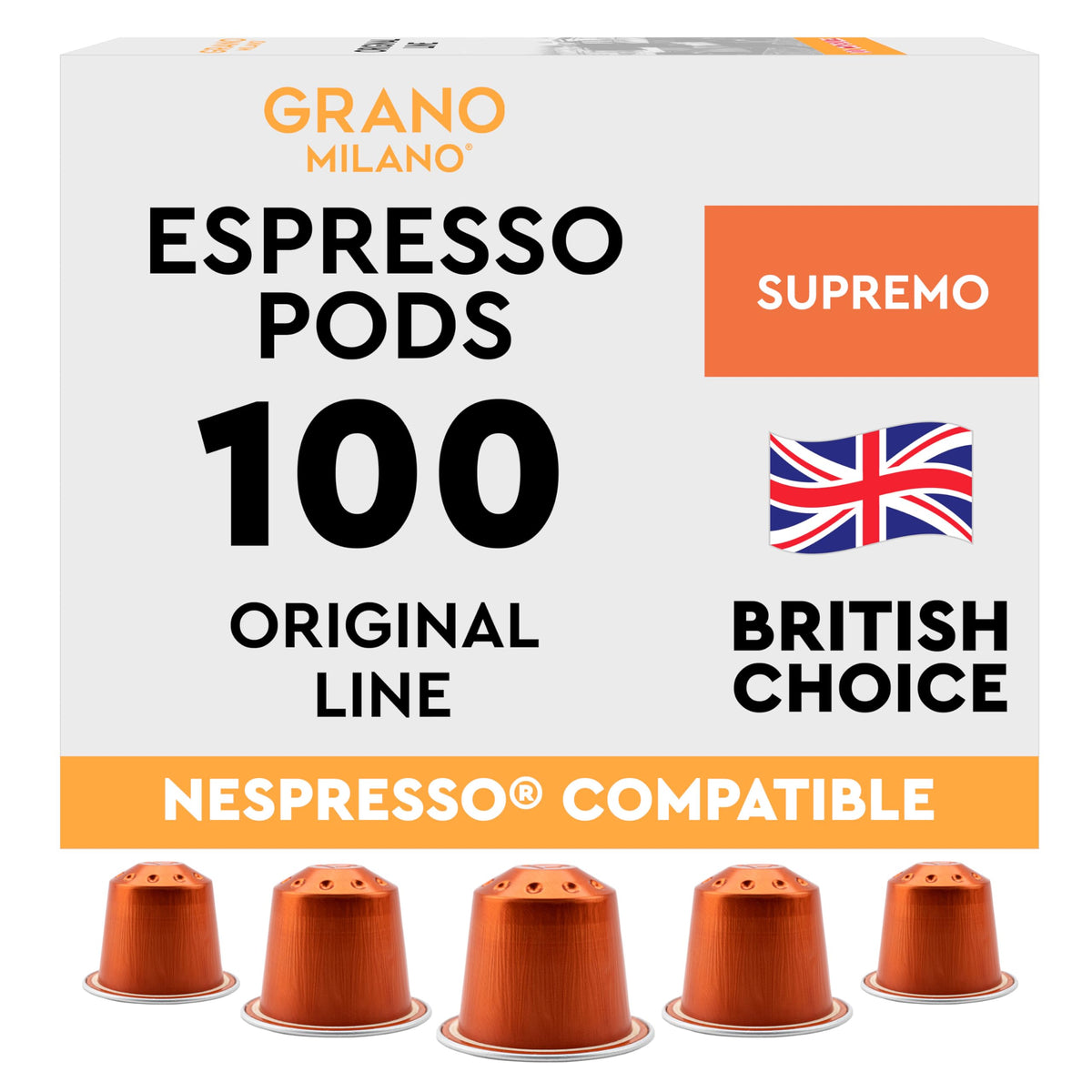 New Grano Milano Supremo Coffee Capsules - 100 Aluminium Coffee Pods Compatible with Nespresso Original line, 100% Arabica Medium Roast - Intensity