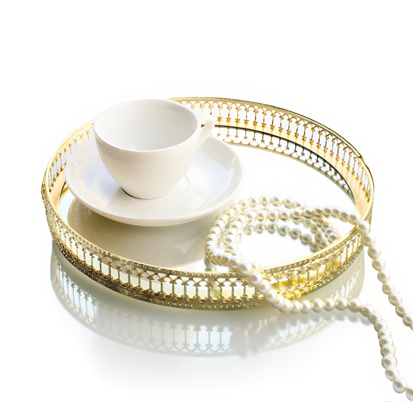 Gold Mirror Tray,25cm Gold Bedroom Perfume Vanity American Style Iron Round Small Decorative Shape Side Makeup Tray for Bathroom Home Coffee Table