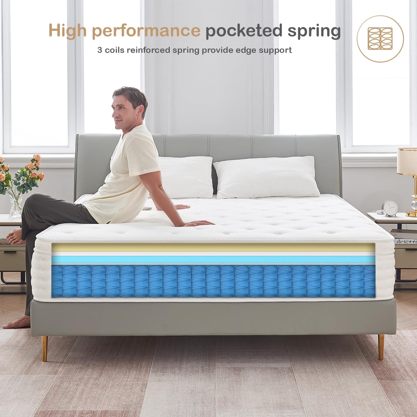 Hiepunos Single Mattress,10.2 INCH Hybrid Memory Foam and Individually Pocket Spring,3FT Single Bed Mattress Medium Firm,Ergonomic Pressure