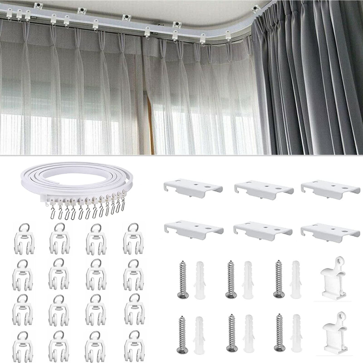 Binwat Flexible Plastic PVC Curtain Track Room Divider Curtain Rod Runner Rail RV Rail Shower Corner Long Curved Hospital Privacy System Wall Ceiling